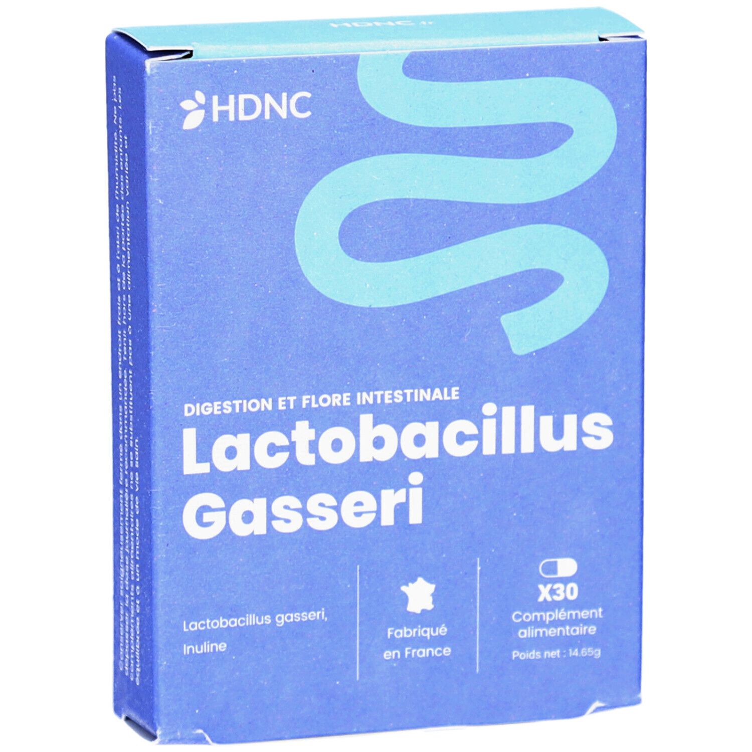 Blaue Schachtel mit HDNC-Logo. Enthält Lactobacillus Gasseri und Inulin. X30 Kapseln. Hergestellt in Frankreich.