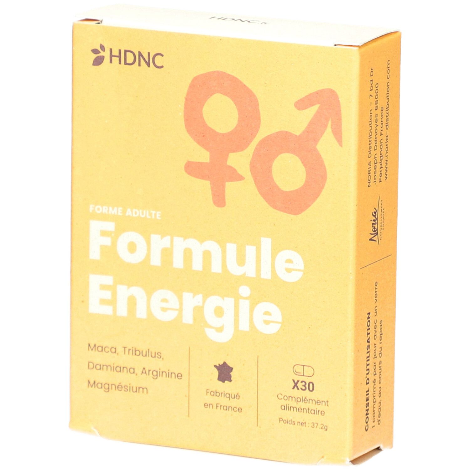 Boîte jaune HDNC Formule Energie. Contient 30 gélules. Fabriqué en France. Symboles homme et femme. Texte: Forme Adulte.