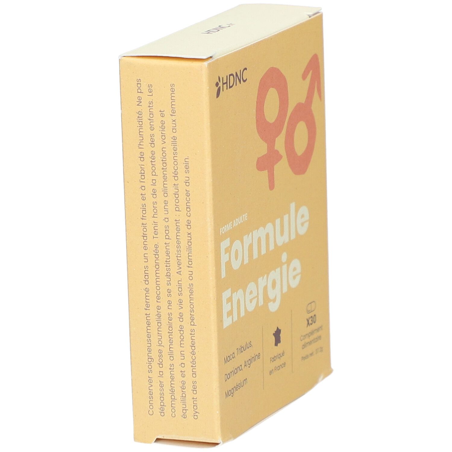 Boîte HDNC Formule Energie en biais. Contient 30 gélules. Fabriqué en France. Symboles homme et femme. Texte: Forme Adulte.