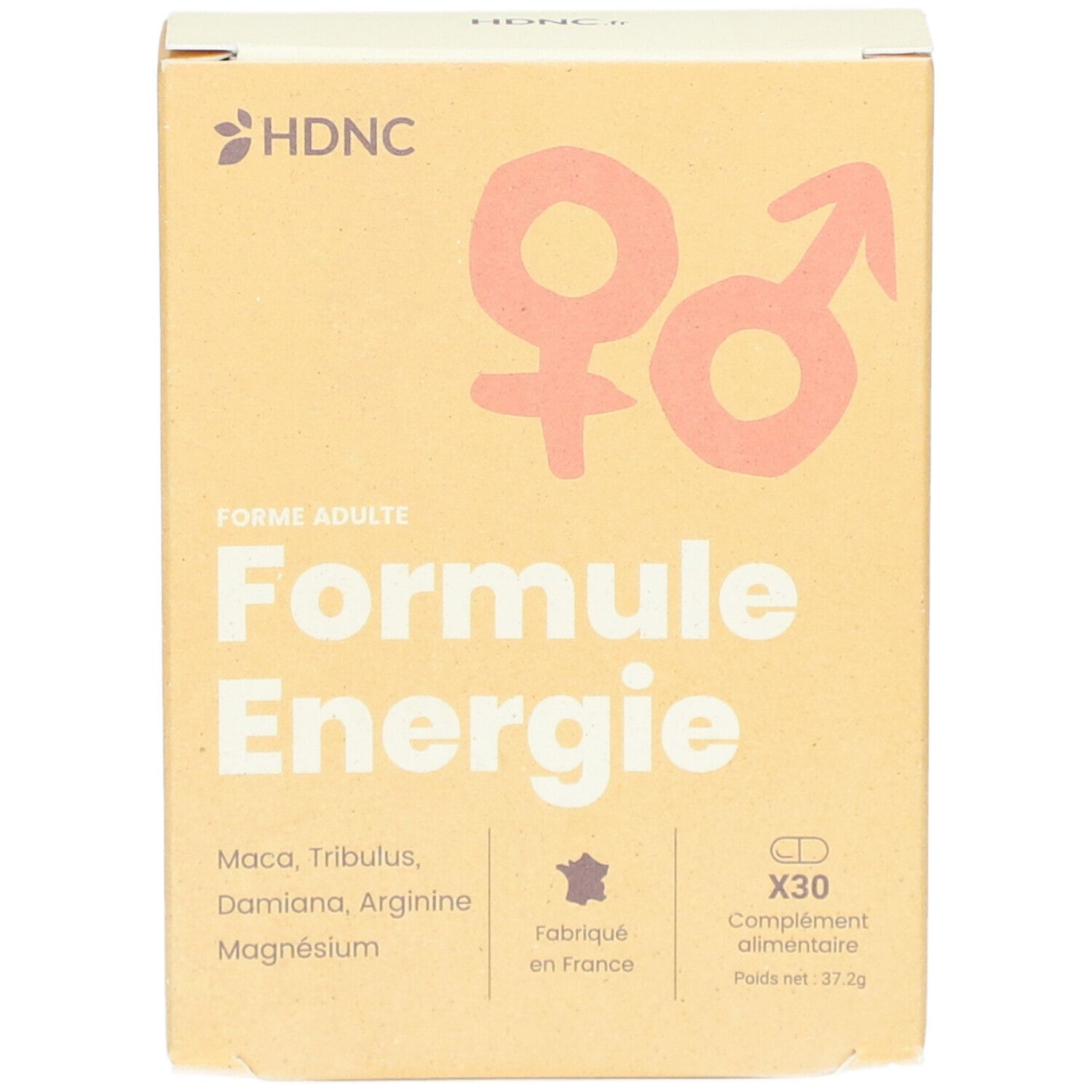 Face avant de la boîte HDNC Formule Energie. Contient 30 gélules. Fabriqué en France. Symboles homme et femme. Texte: Forme Adulte.