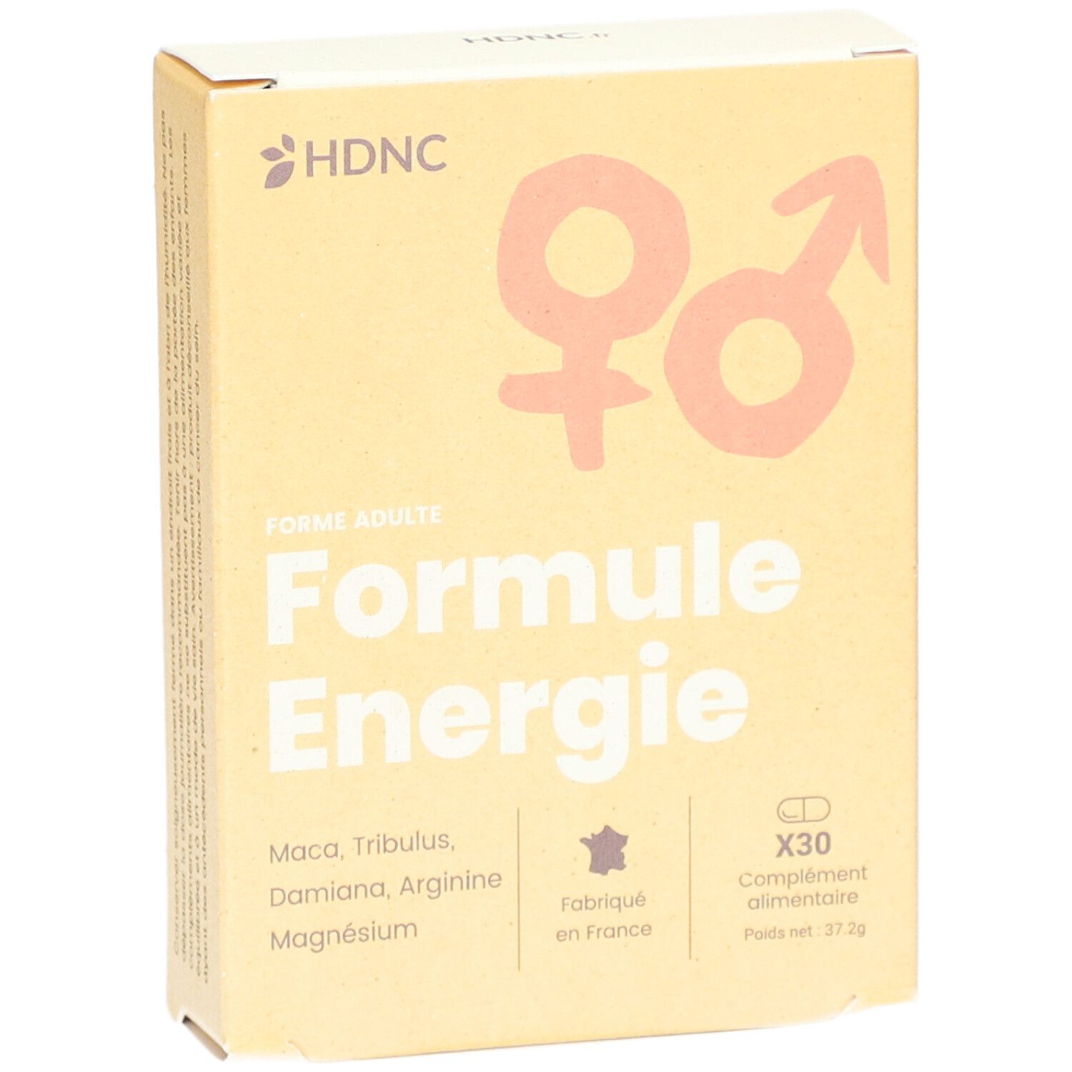 Face avant de la boîte HDNC Formule Energie. Contient 30 gélules. Fabriqué en France. Symboles homme et femme. Texte: Forme Adulte.