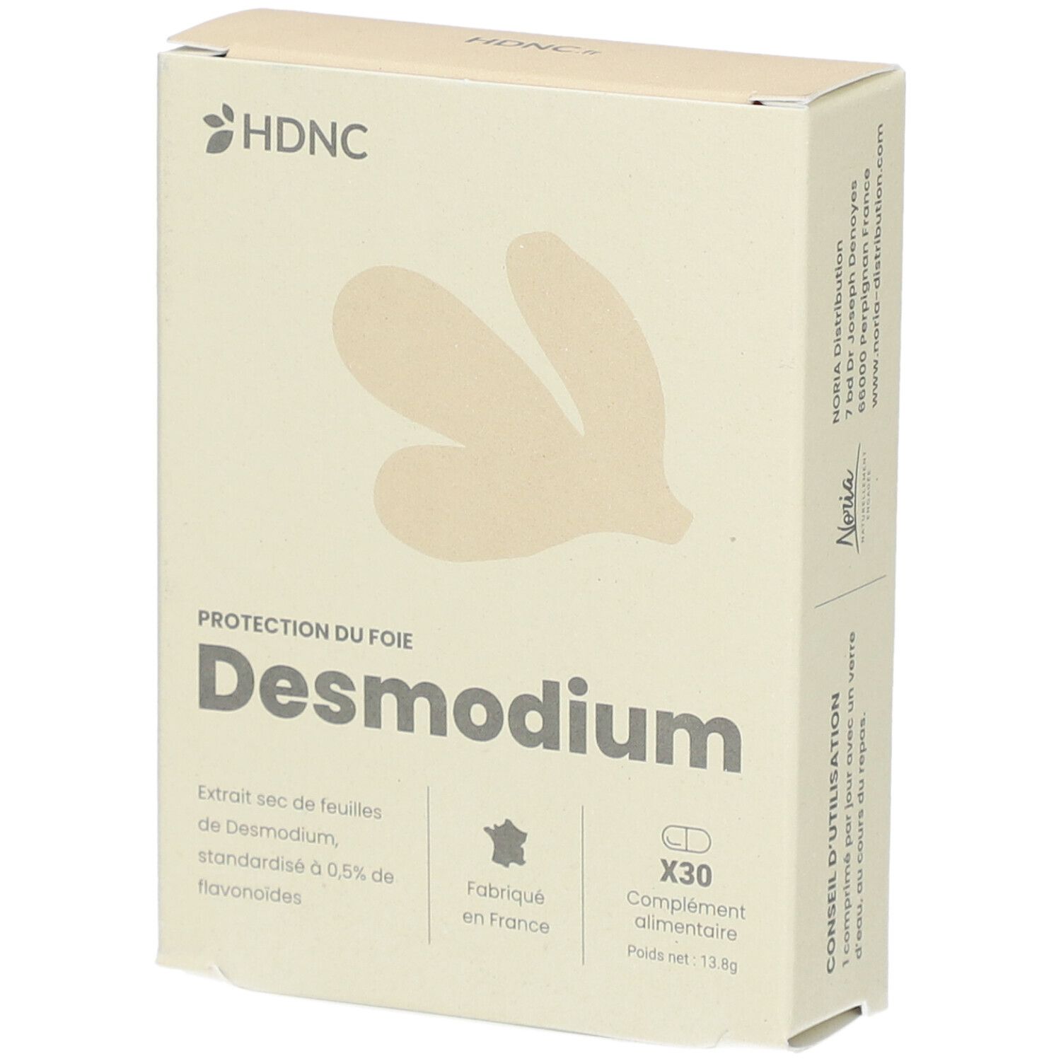 Beige Schachtel mit HDNC-Logo und Desmodium-Produktbezeichnung. Enthält 30 Kapseln. Hergestellt in Frankreich.