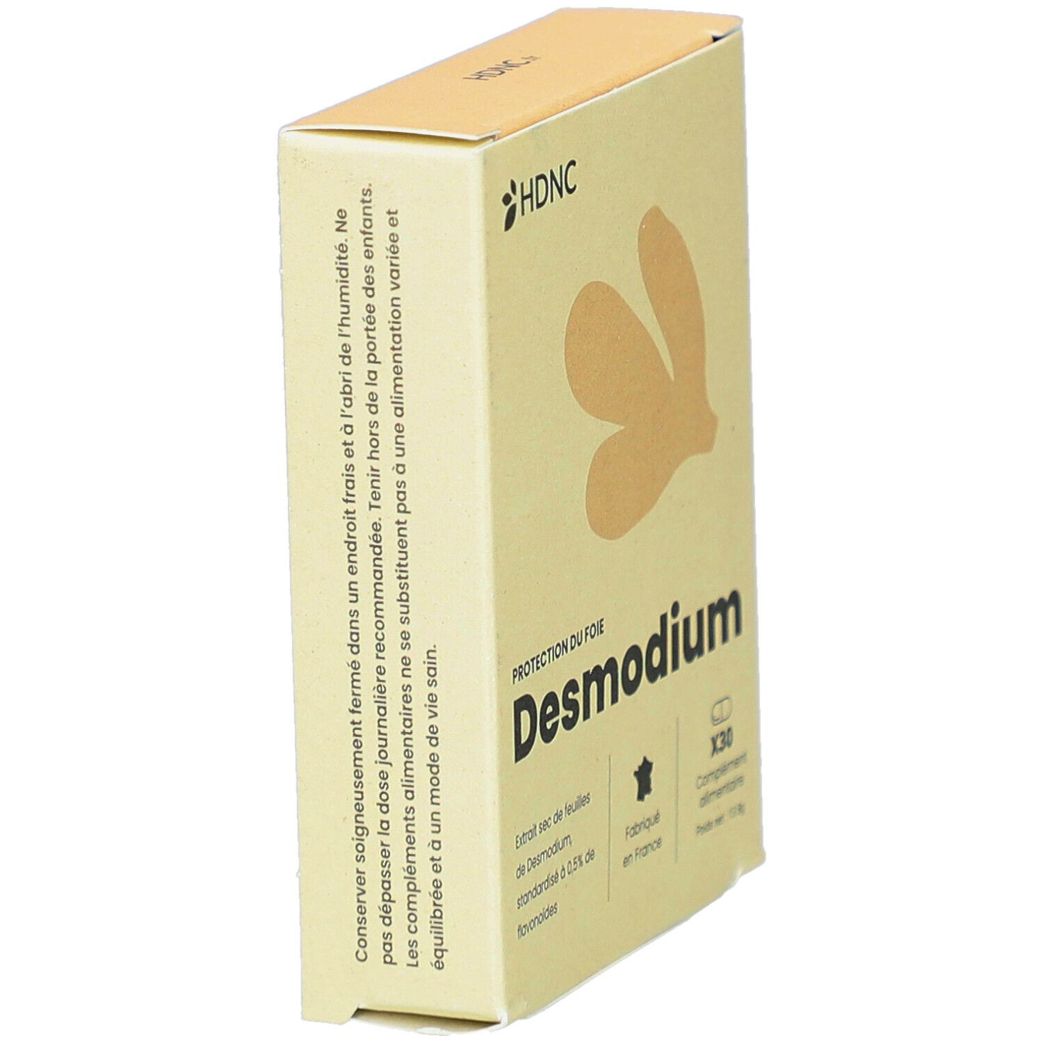 Beige Schachtel, schräg gestellt, mit HDNC-Logo und Desmodium-Produktbezeichnung. Enthält 30 Kapseln. Hergestellt in Frankreich.