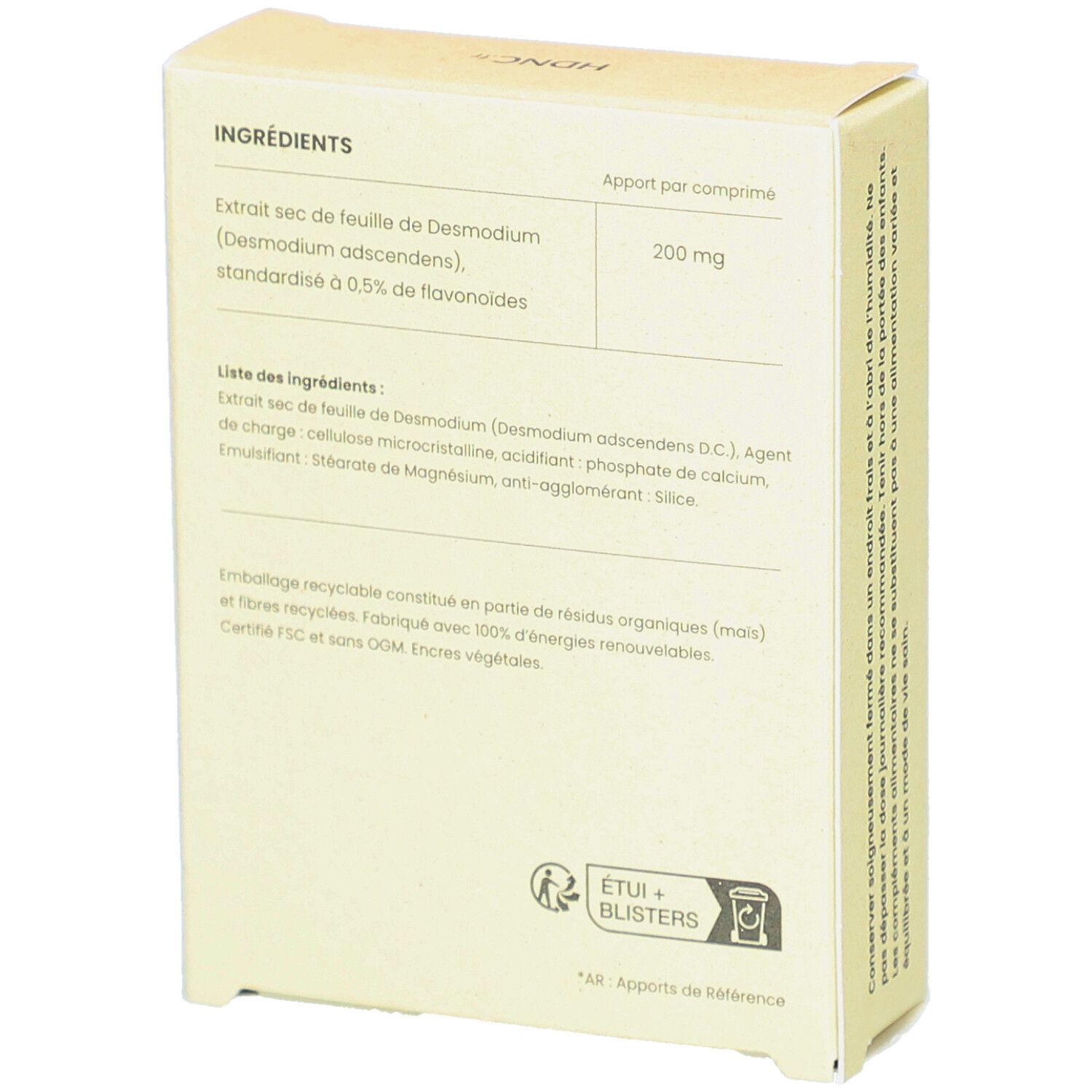 Rückseite der beigen Schachtel mit Zutatenliste und Informationen. Enthält Desmodium-Extrakt. Etui + Blisters.