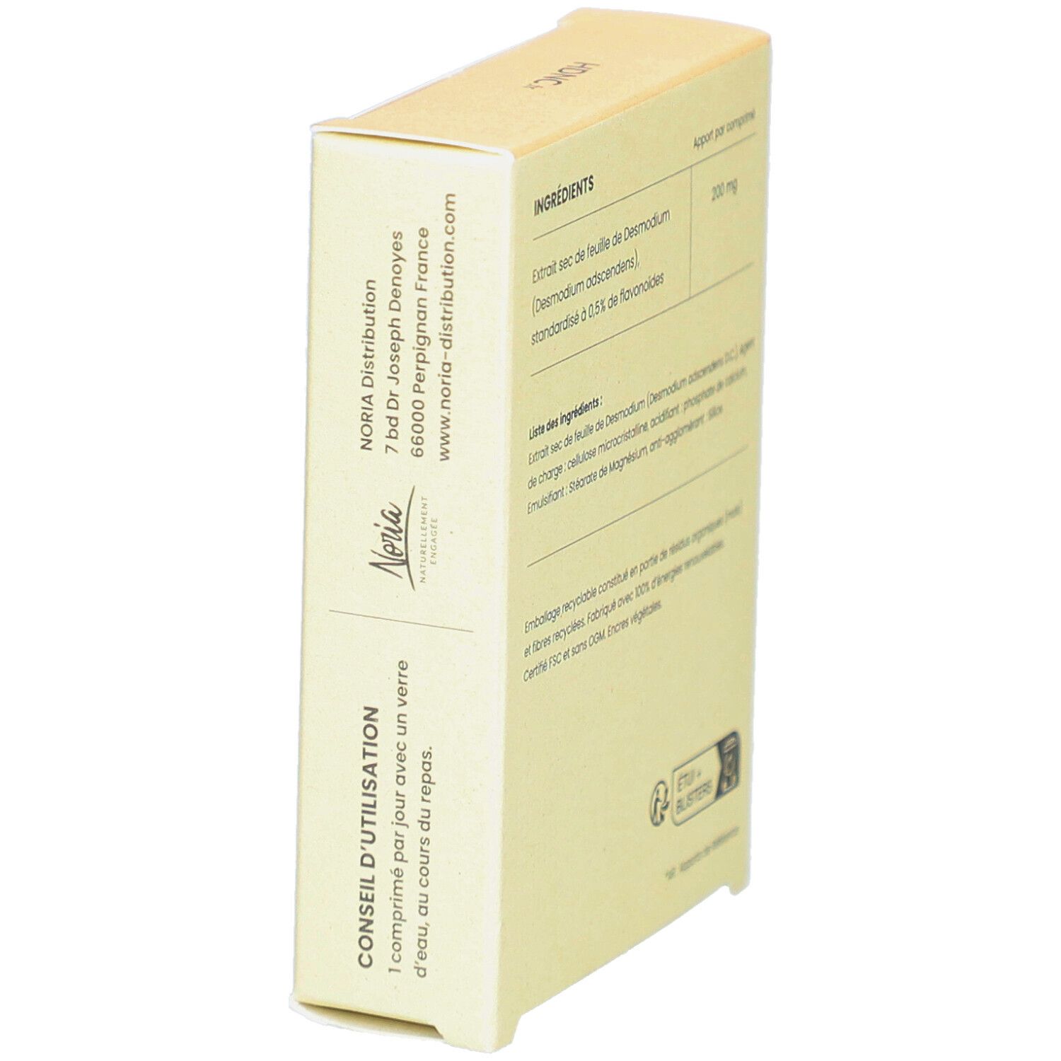 Schachtel-Seite mit Informationen, darunter die Adresse des Herstellers und Verzehrempfehlung. Beige Farbe.