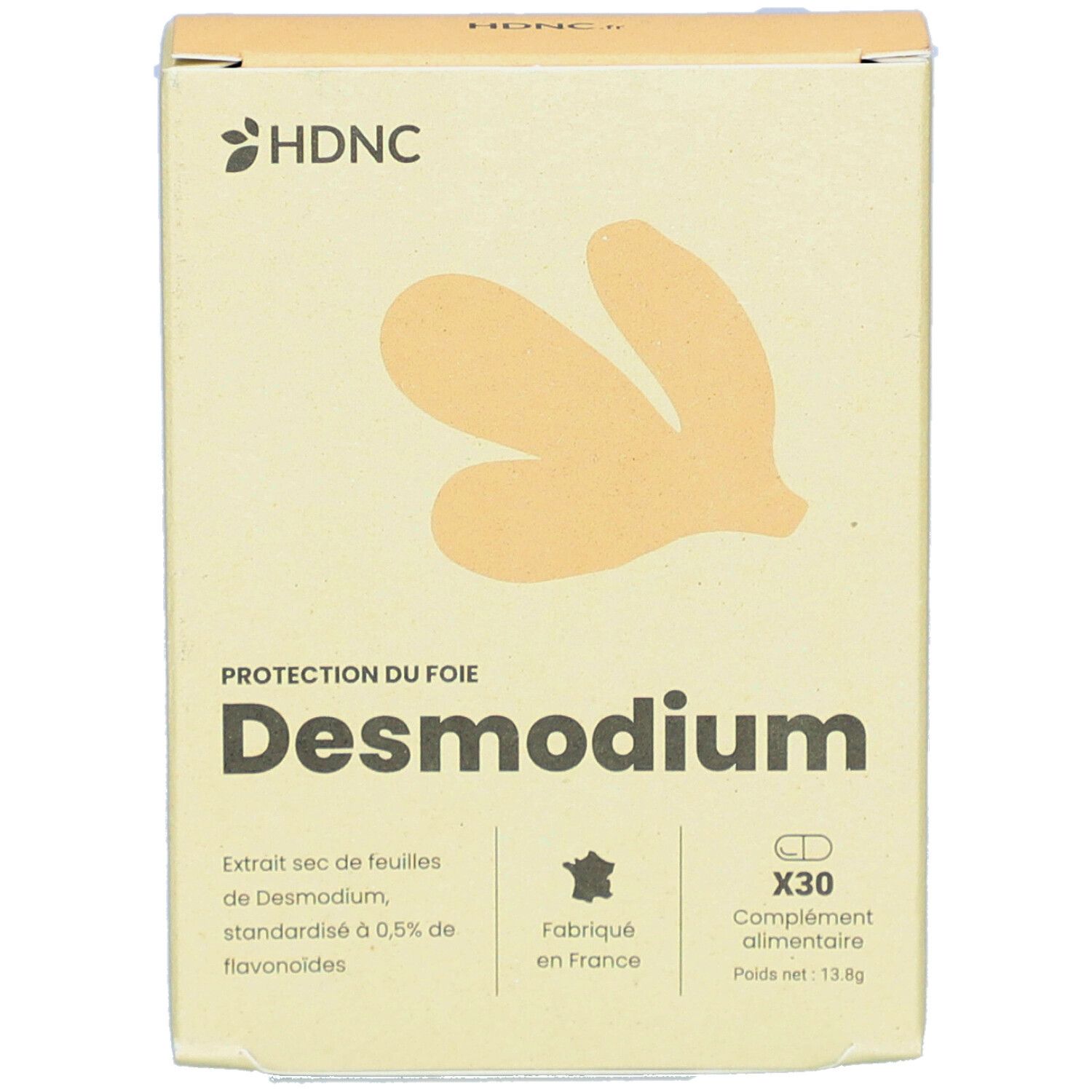 Beige Schachtel mit HDNC-Logo und Desmodium-Produktbezeichnung. Enthält 30 Kapseln. Hergestellt in Frankreich.