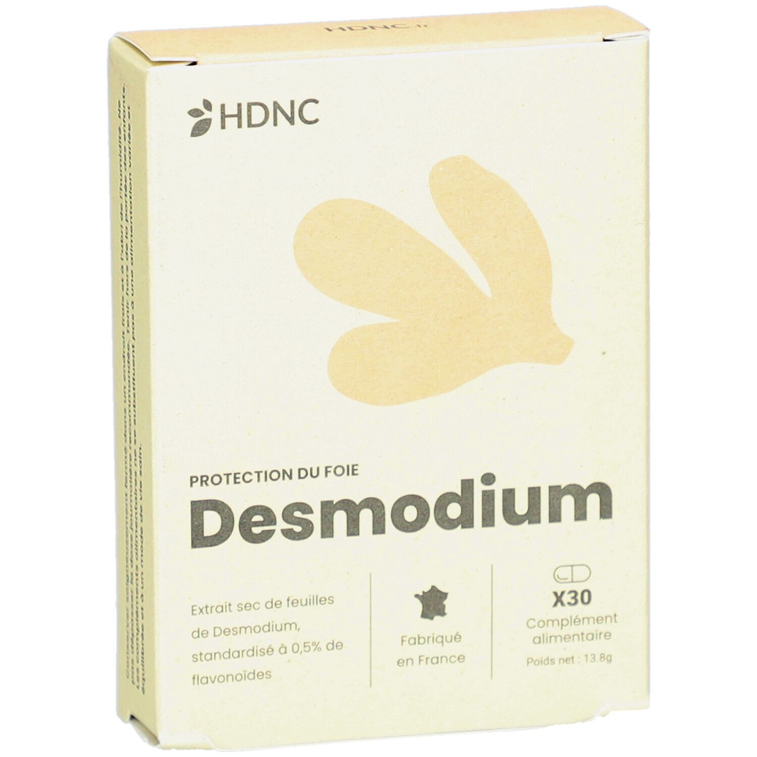 Beige Schachtel mit HDNC-Logo und Desmodium-Produktbezeichnung. Enthält 30 Kapseln. Hergestellt in Frankreich.