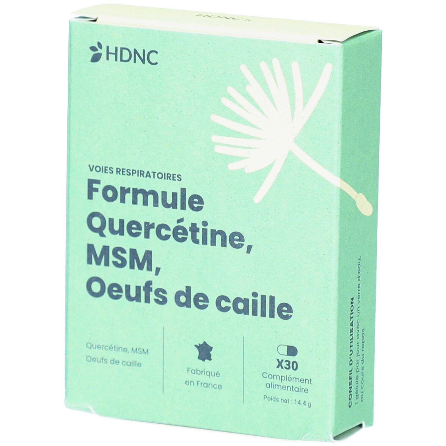 Hellgrüne Schachtel mit Produktnamen und Inhaltsstoffen. Enthält 30 Kapseln. Hergestellt in Frankreich. Marke: HDNC.