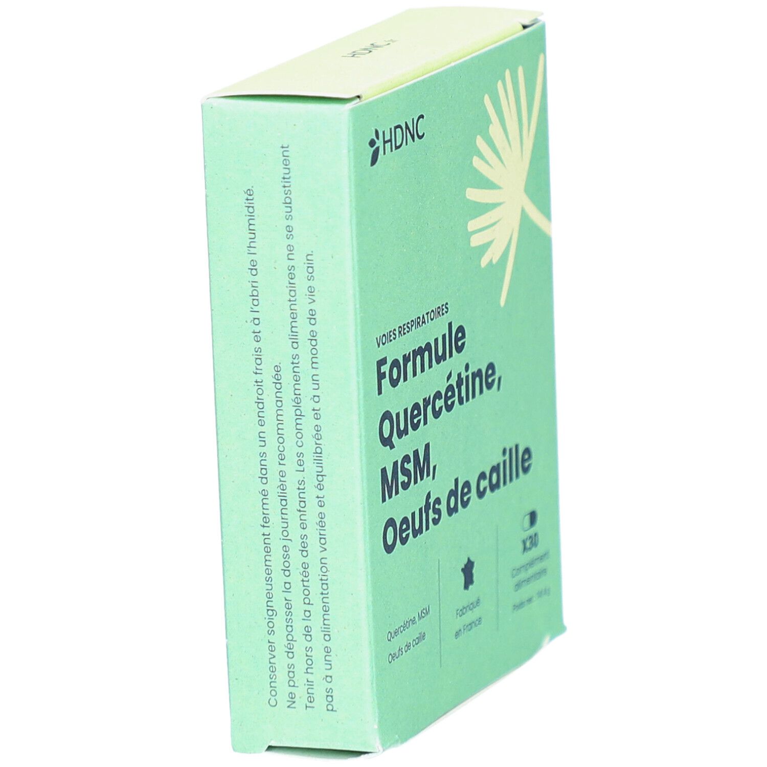 Hellgrüne Schachtel, seitliche Ansicht. Text: 'Formule Quercétine, MSM, Oeufs de caille'. Hergestellt in Frankreich. Marke: HDNC.