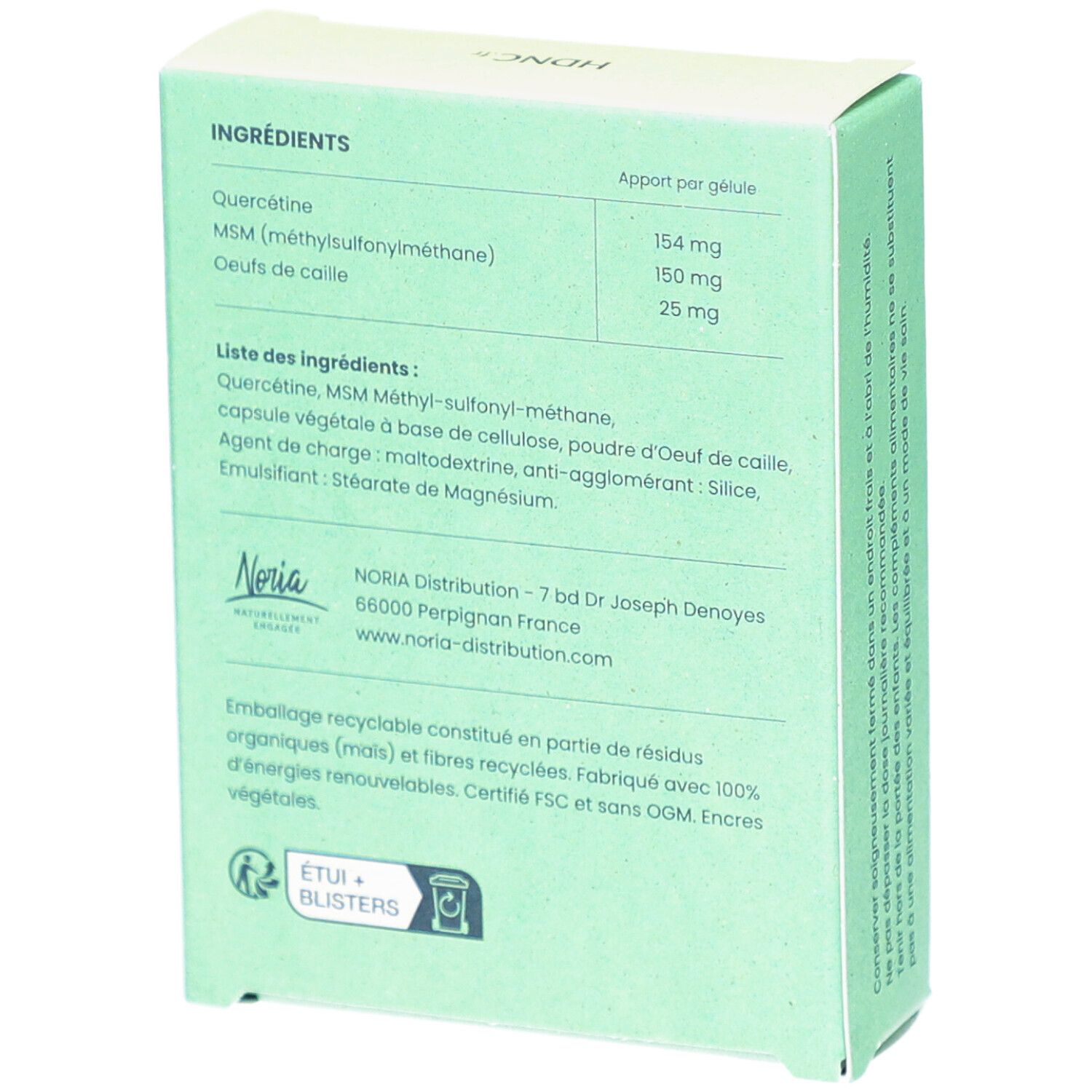 Rückseite der hellgrünen Schachtel mit Inhaltsstoffangaben. Enthält Quercetin, MSM und Wachteleier. Herstelleradresse.