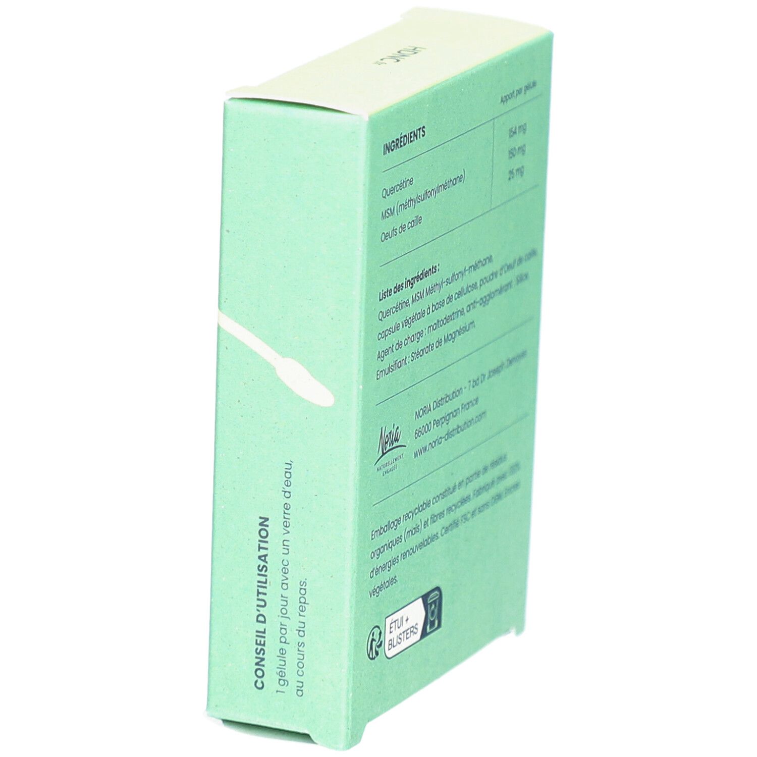 Hellgrüne Schachtel, seitliche Ansicht mit Text: 'Conseil d'utilisation'. Enthält 1 Kapsel pro Tag. Herstelleradresse.