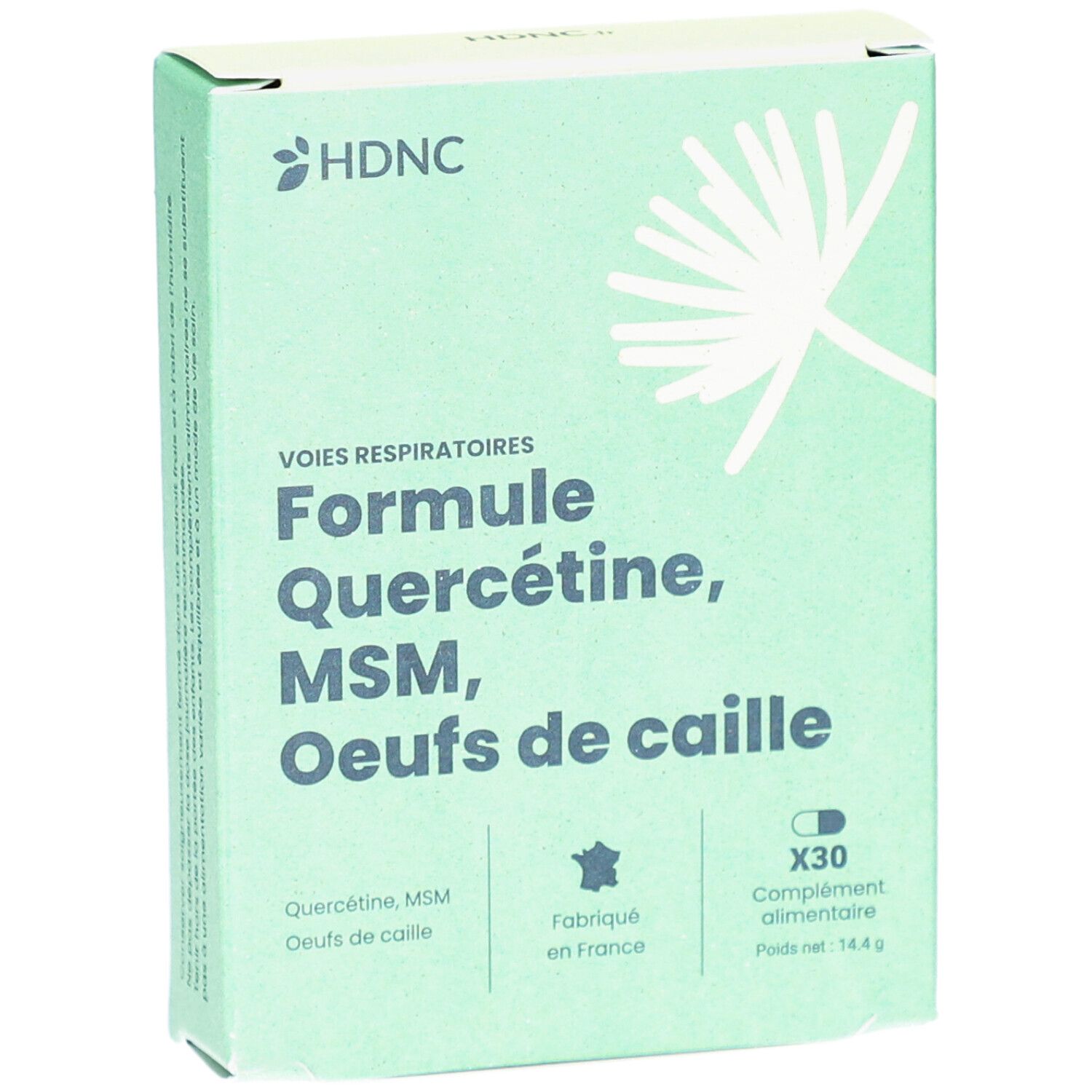 Hellgrüne Schachtel mit Produktnamen und Inhaltsstoffen. Enthält 30 Kapseln. Hergestellt in Frankreich. Marke: HDNC.