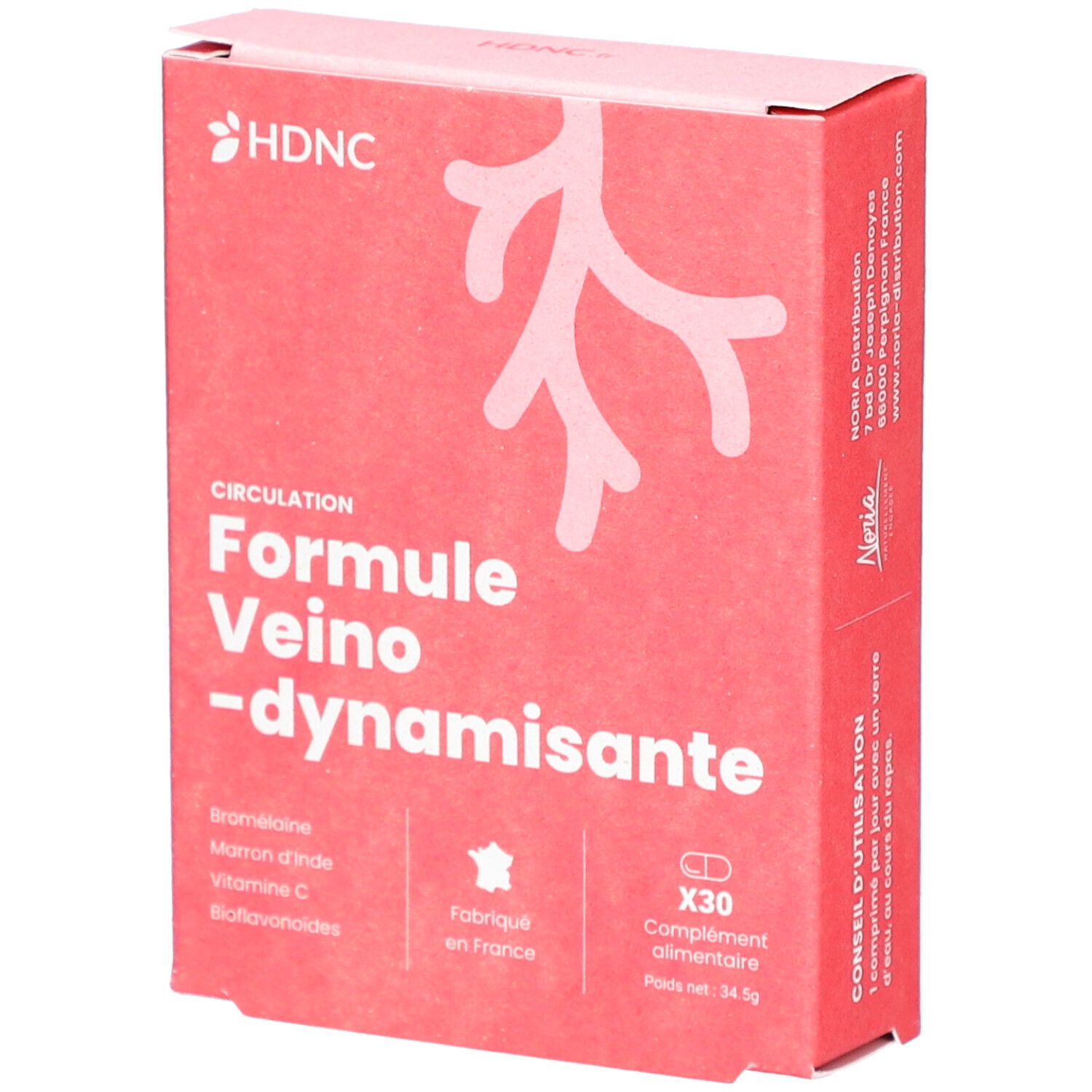 Boîte rouge avec logo HDNC et nom du produit. Contient 30 comprimés. Fabriqué en France. Ingrédients visibles.