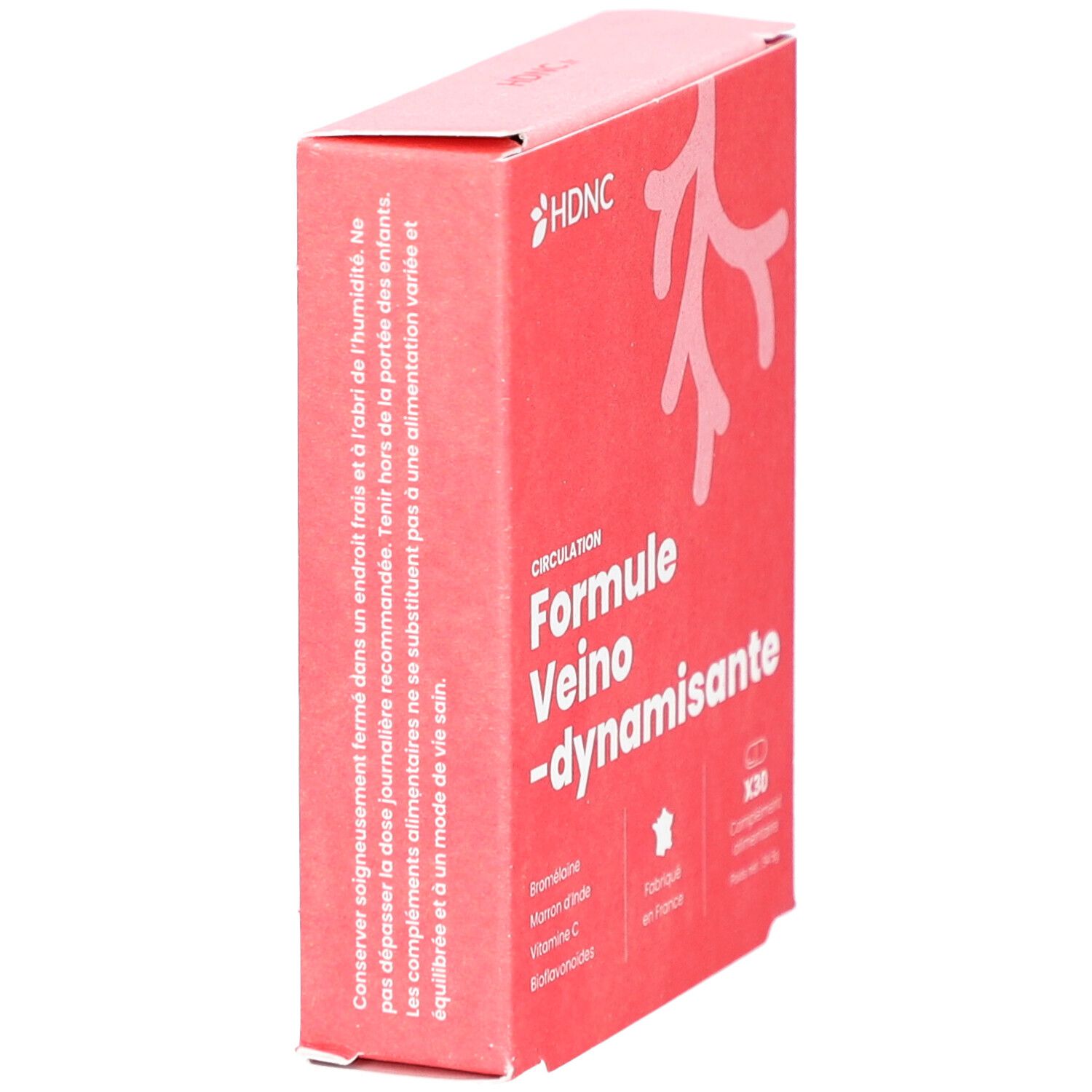 Boîte rouge, vue latérale. Logo HDNC et nom du produit visibles. Texte sur la conservation et l'alimentation.