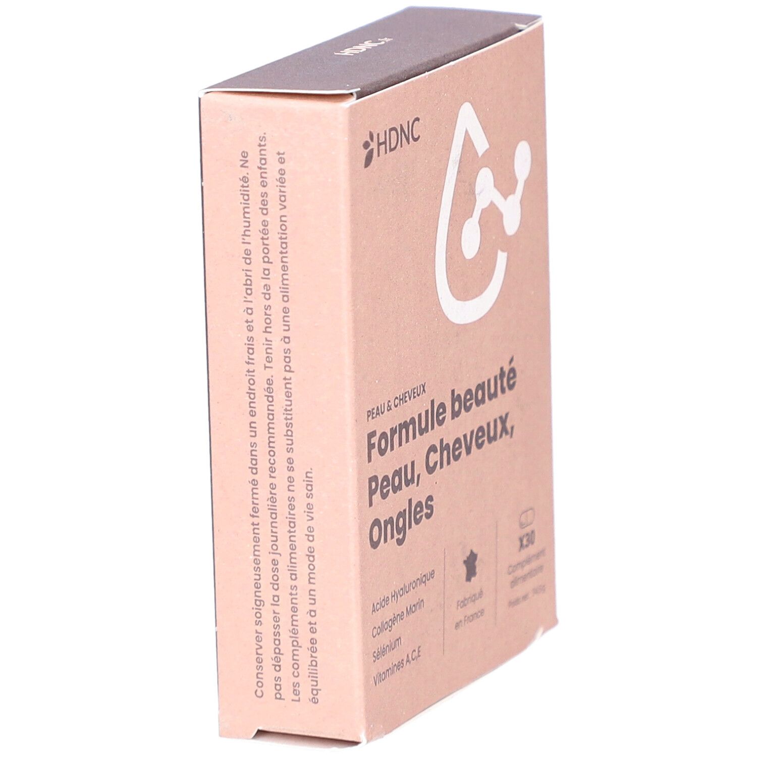 Boîte en carton. Inscription: Formule beauté Peau, Cheveux, Ongles. Logo HDNC. Drapeau français et texte.