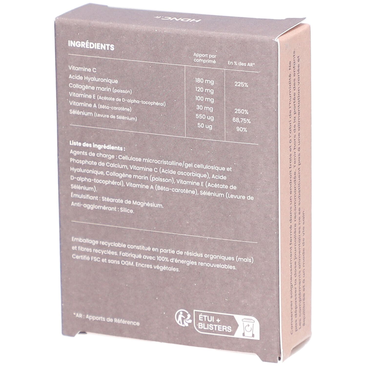 Dos de la boîte en carton. Contient des informations sur les ingrédients et les valeurs nutritionnelles. Certification FSC.