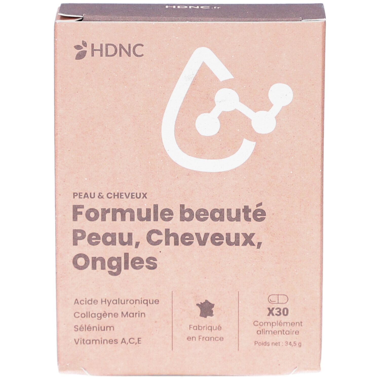 Boîte en carton. Inscription: Formule beauté Peau, Cheveux, Ongles. Logo HDNC. Contient 30 gélules.