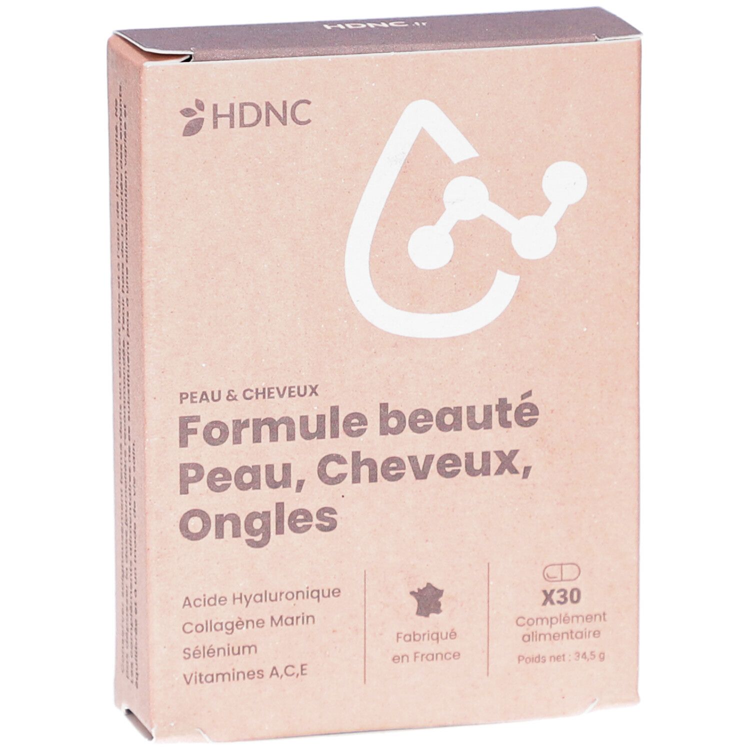 Boîte en carton. Inscription: Formule beauté Peau, Cheveux, Ongles. Logo HDNC. Contient 30 gélules.