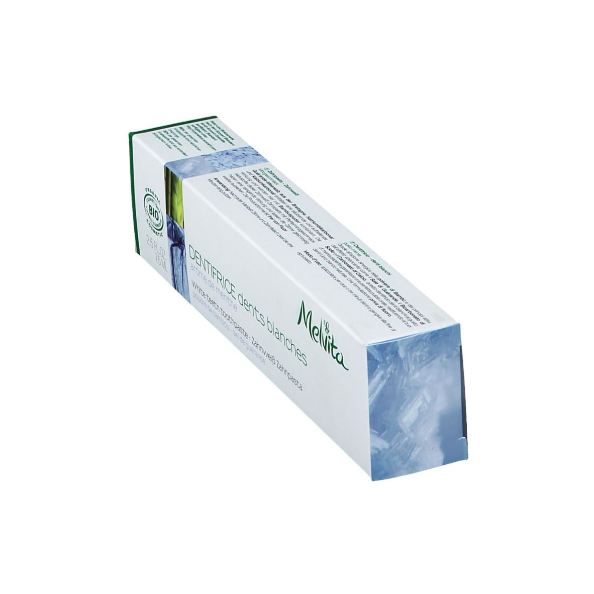 Emballage de dentifrice en biais. Boîte blanche avec accents verts. Logo Melvita et nom du produit.