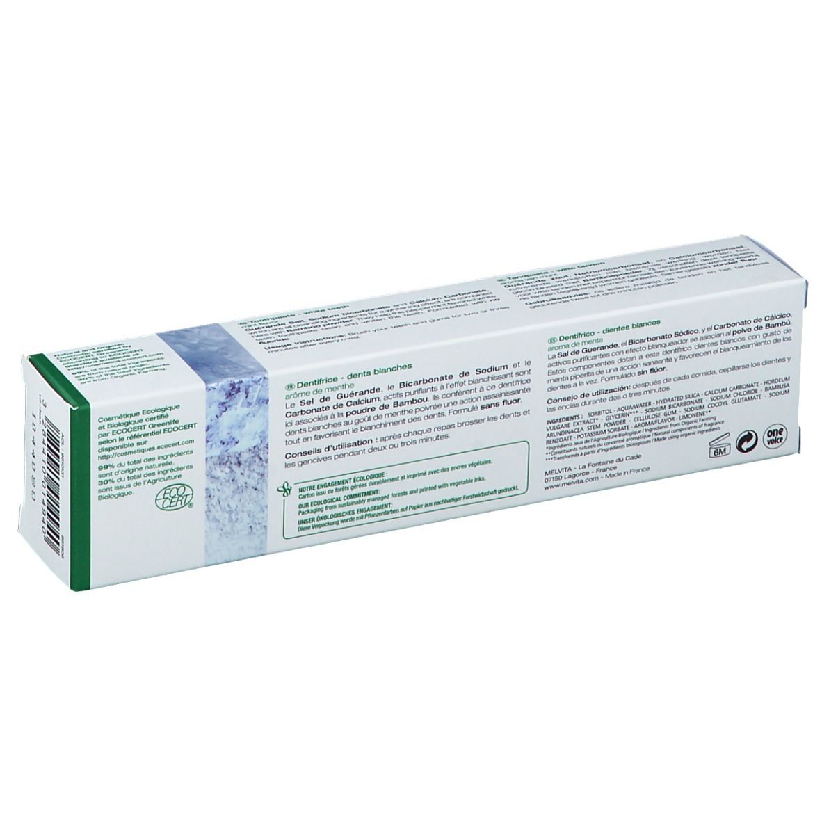 Dos de l'emballage du dentifrice. Texte multilingue. Certification bio et ingrédients.