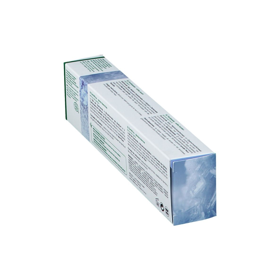 Emballage de dentifrice en biais. Dos avec texte. Certification bio et ingrédients.