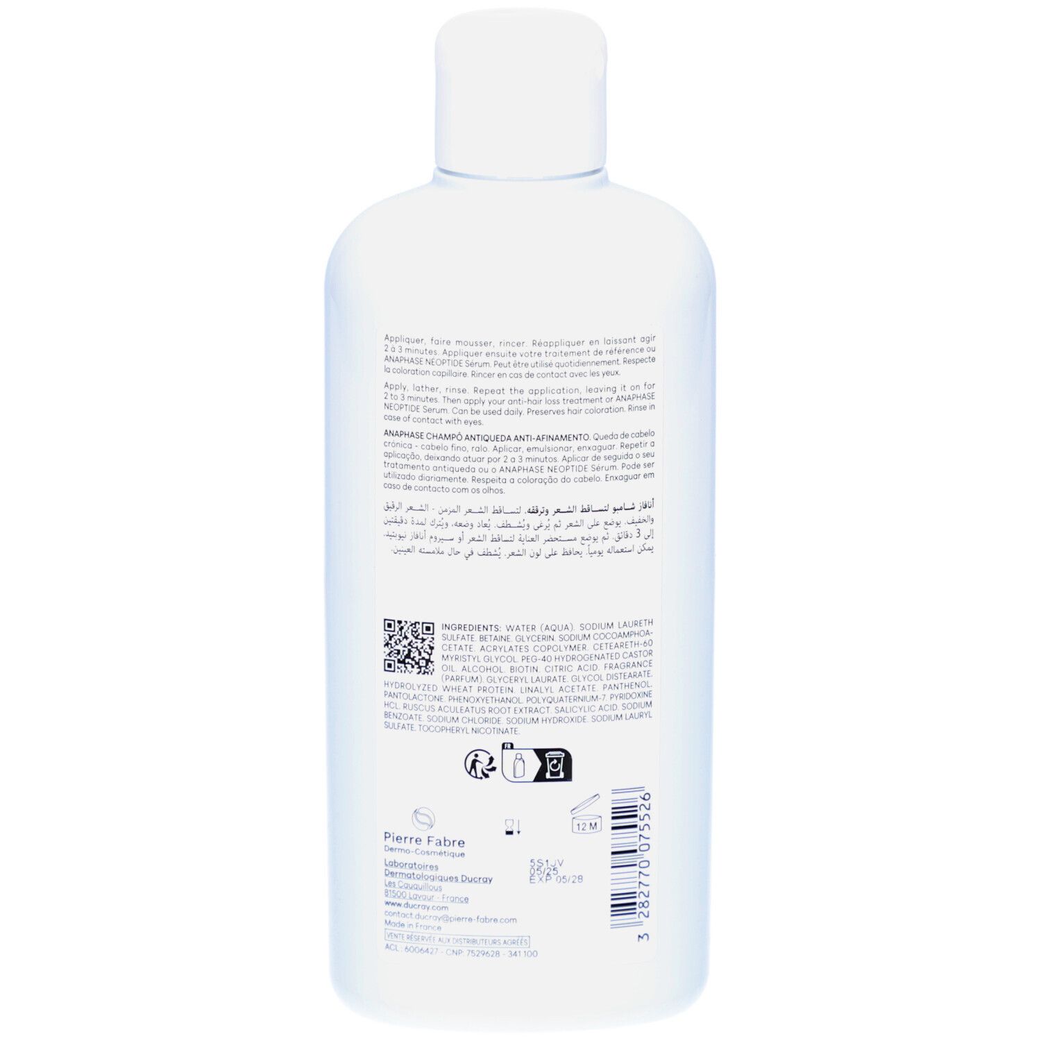 Dos du flacon blanc. Texte sur l'étiquette. Code QR. Informations du fabricant.
