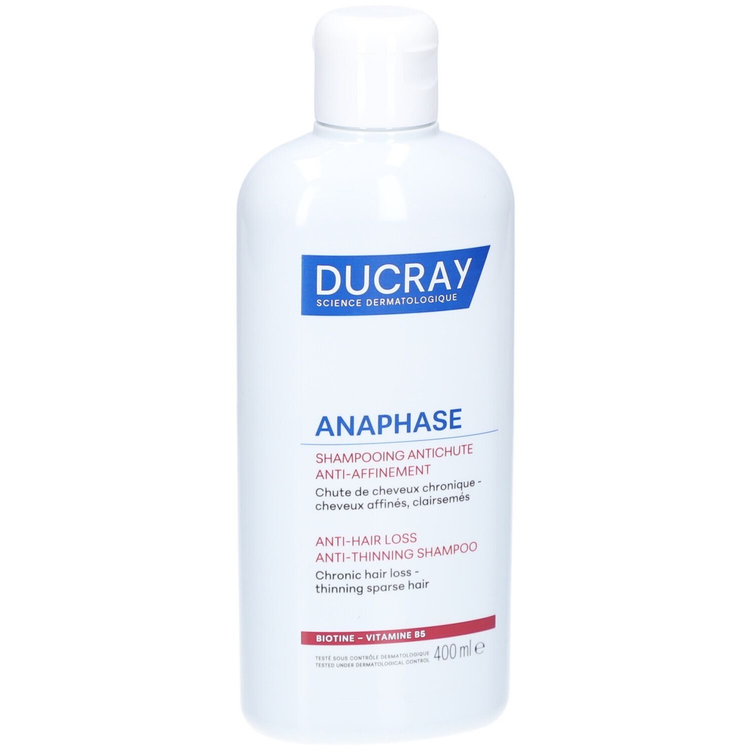 Flacon blanc avec étiquette bleue. Inscription: DUCRAY, ANAPHASE, shampooing antichute. 400 ml.