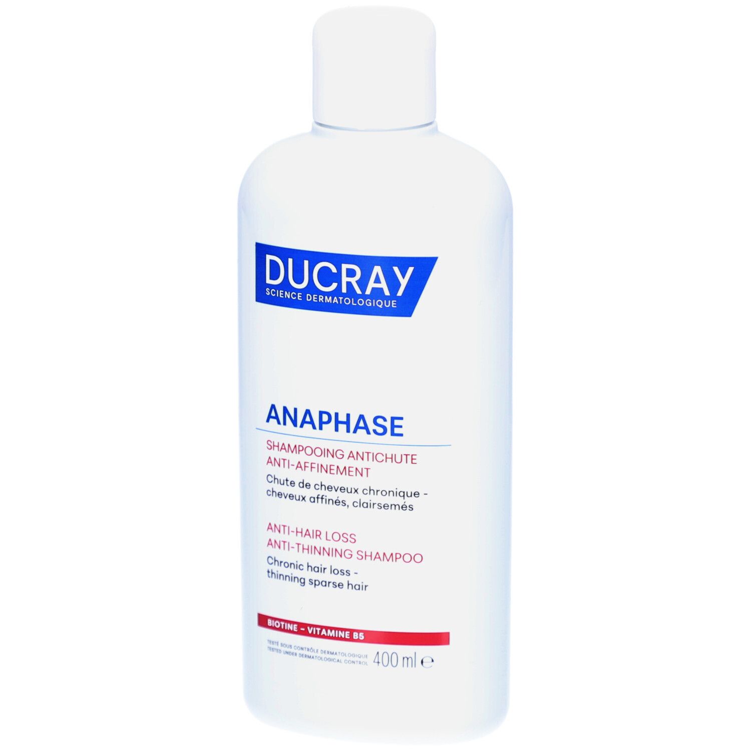 Flacon blanc avec étiquette bleue. Inscription: DUCRAY, ANAPHASE, shampooing antichute. 400 ml.