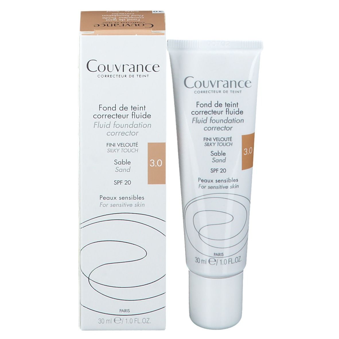 Tube und Karton Couvrance, Fluid Foundation, Farbton 3.0. Mit SPF 20. Für empfindliche Haut. Produktpräsentation.