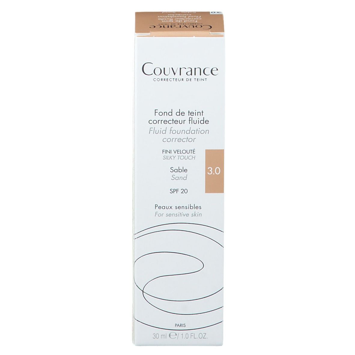 Karton Couvrance, Fluid Foundation, Farbton 3.0. Mit SPF 20. Für empfindliche Haut. Produktverpackung.
