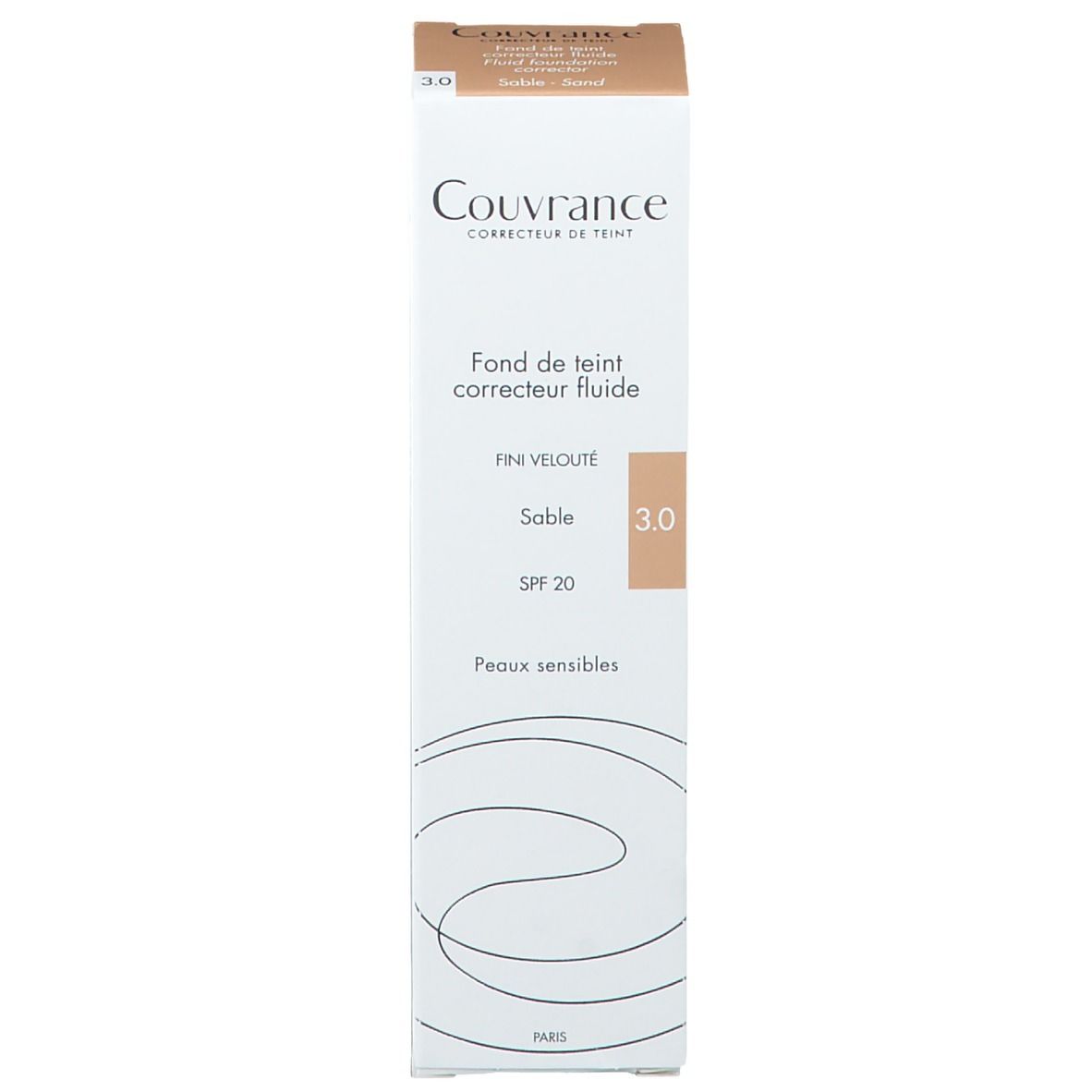 Karton Couvrance, Fluid Foundation, Farbton 3.0. Mit SPF 20. Für empfindliche Haut. Produktverpackung.