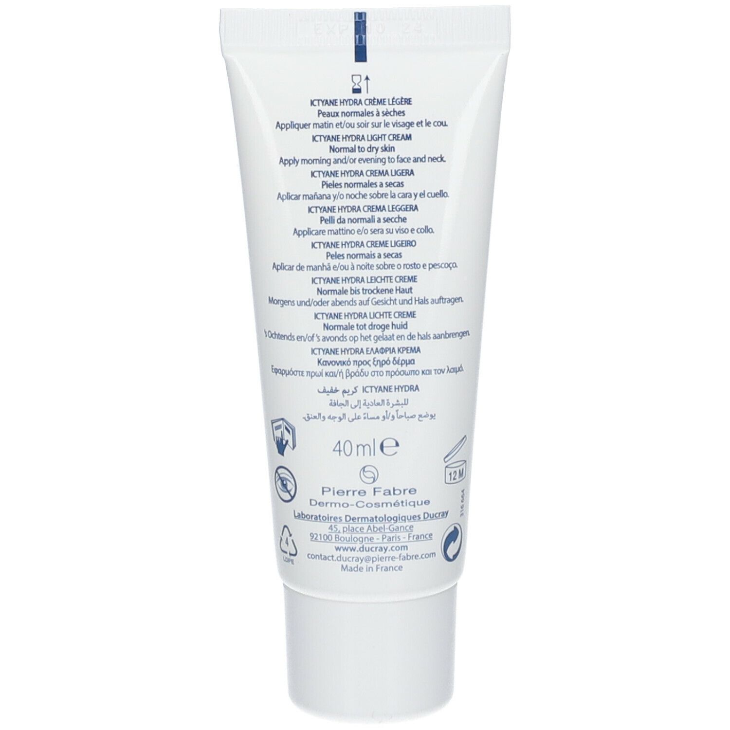 Rückseite der Tube. Text in mehreren Sprachen, darunter Deutsch, Französisch, Italienisch und Niederländisch. 40ml.