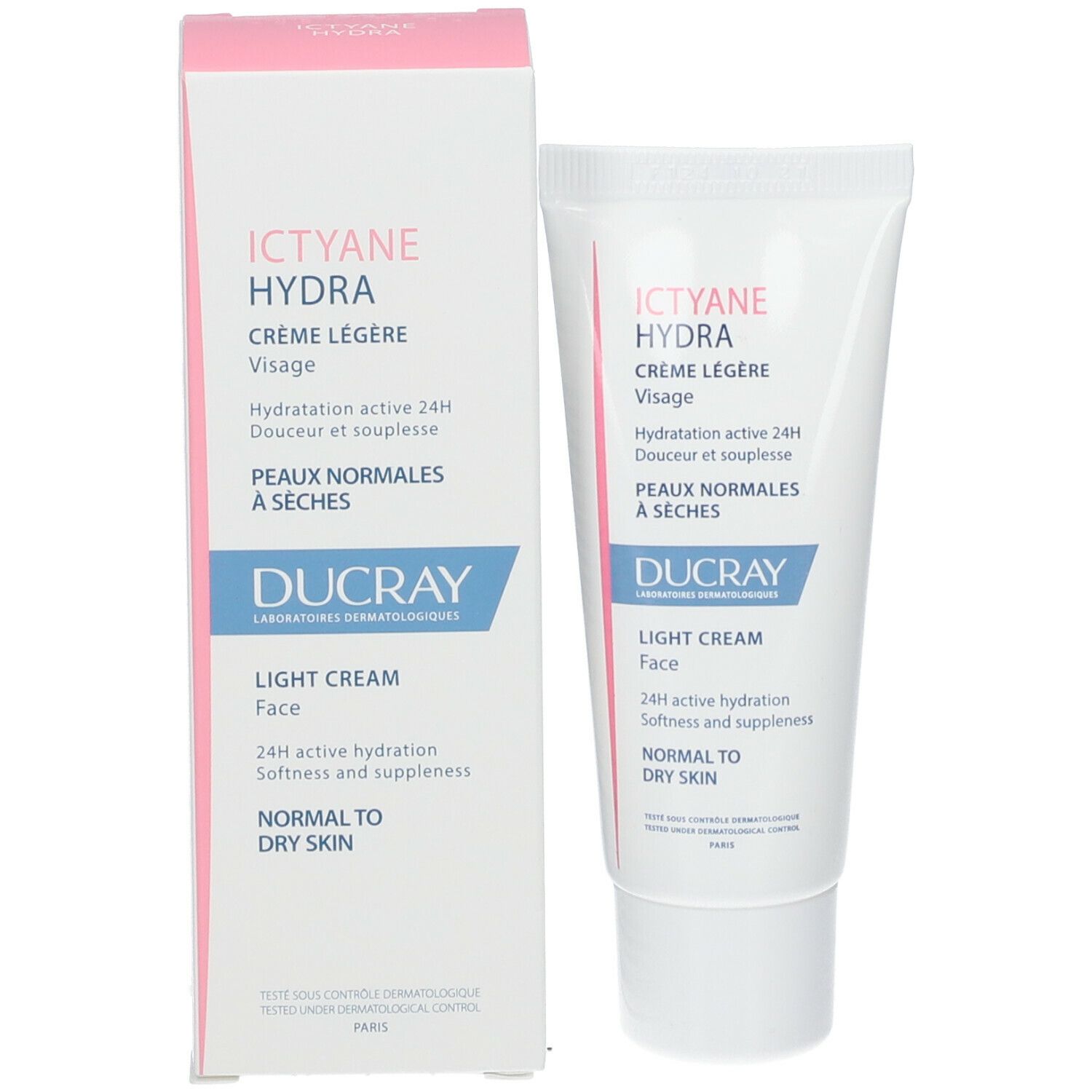 Produktverpackung und Tube. Weißer Karton und Tube mit Produktnamen und Markennamen. Text in Französisch und Englisch.