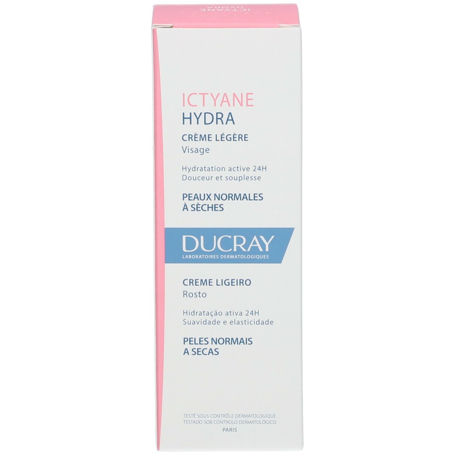 Produktverpackung. Weißer Karton mit Produktnamen und Markennamen. Text in Portugiesisch.