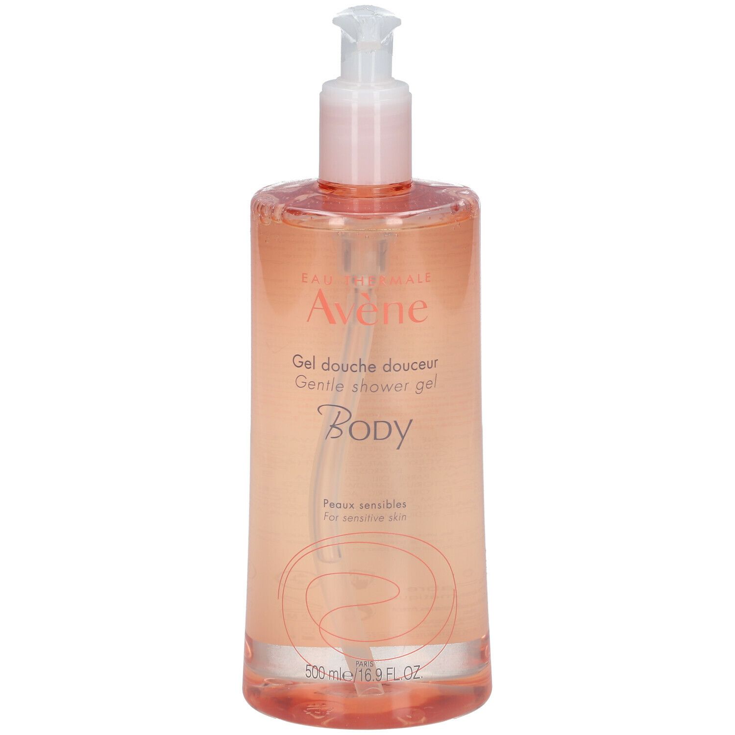Rosa Duschgelflasche mit Pumpe. Beschriftung: Eau Thermale Avène, Gel douche douceur, Body. Für empfindliche Haut.