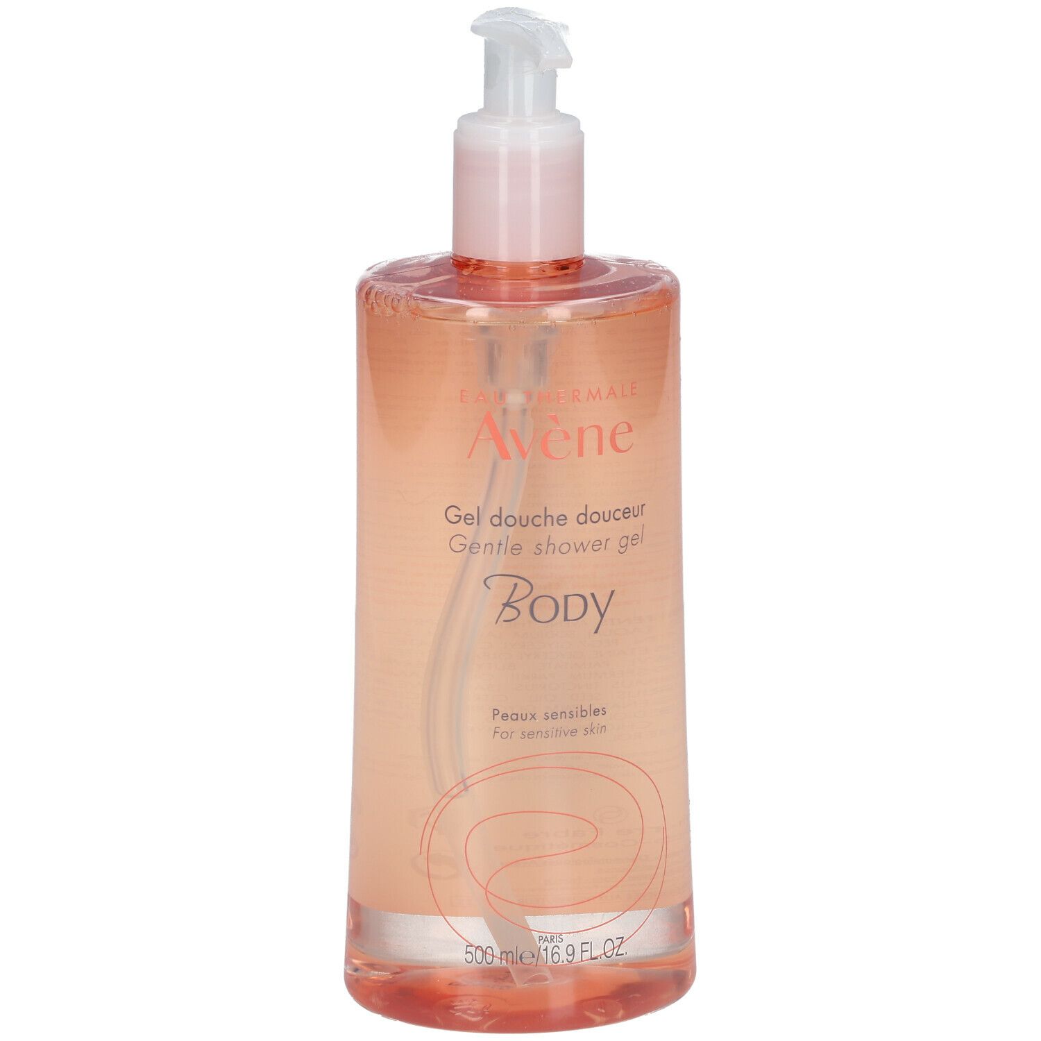 Rosa Duschgelflasche mit Pumpe. Beschriftung: Eau Thermale Avène, Gel douche douceur, Body. Für empfindliche Haut.