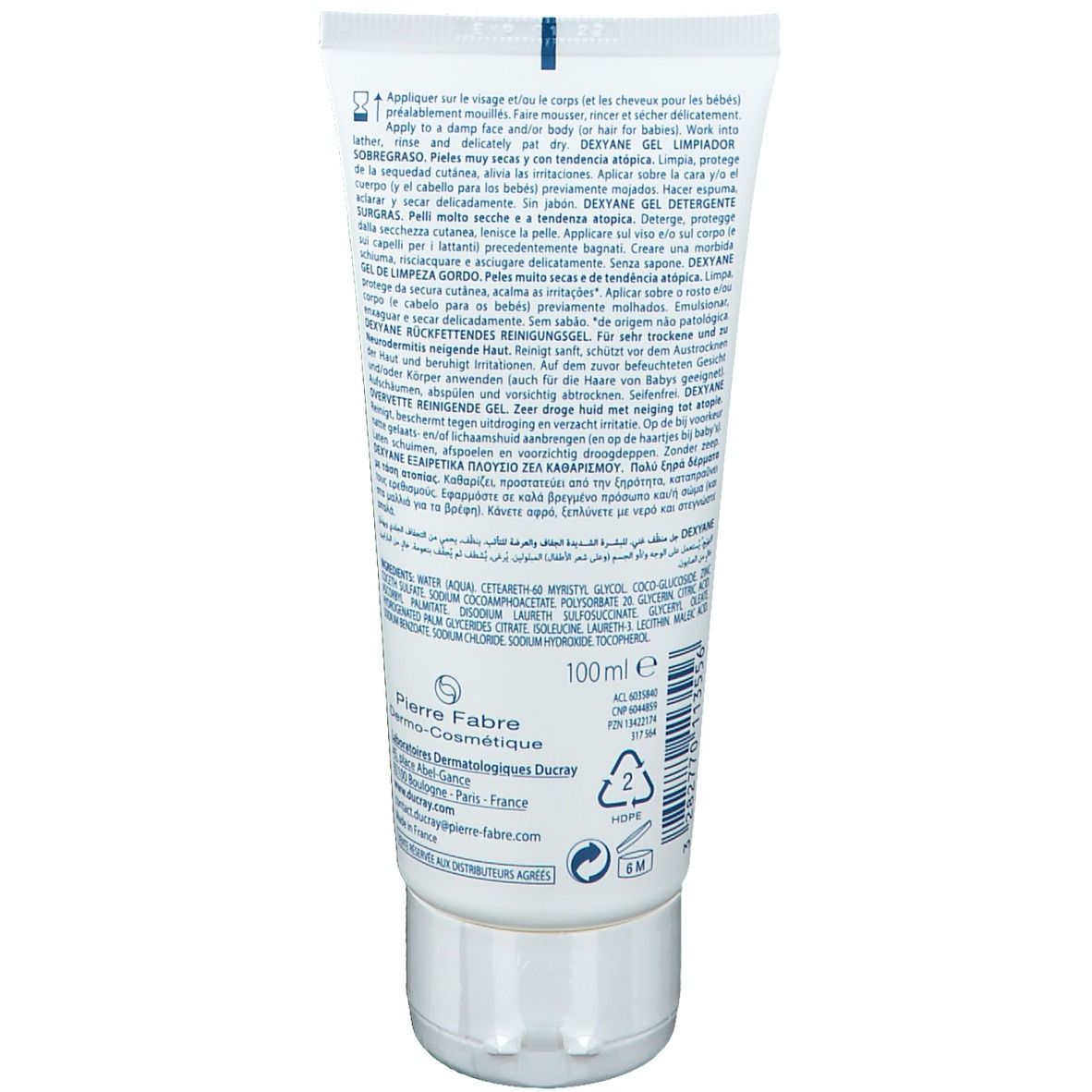 Rückseite der weißen Tube mit Text und Inhaltsstoffen. 100ml. Pierre Fabre Logo. Recycling-Symbole.