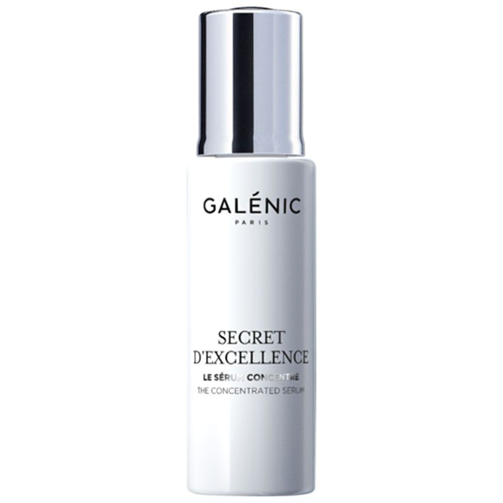 Weiße Flasche mit silbernem Deckel. Aufschrift: GALÉNIC PARIS, SECRET D'EXCELLENCE, THE CONCENTRATED SERUM.