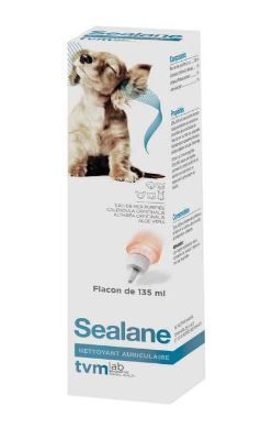 Tvm Sealane Ohrreiniger Flasche mit Applikator und Hundewelpen-Illustration.