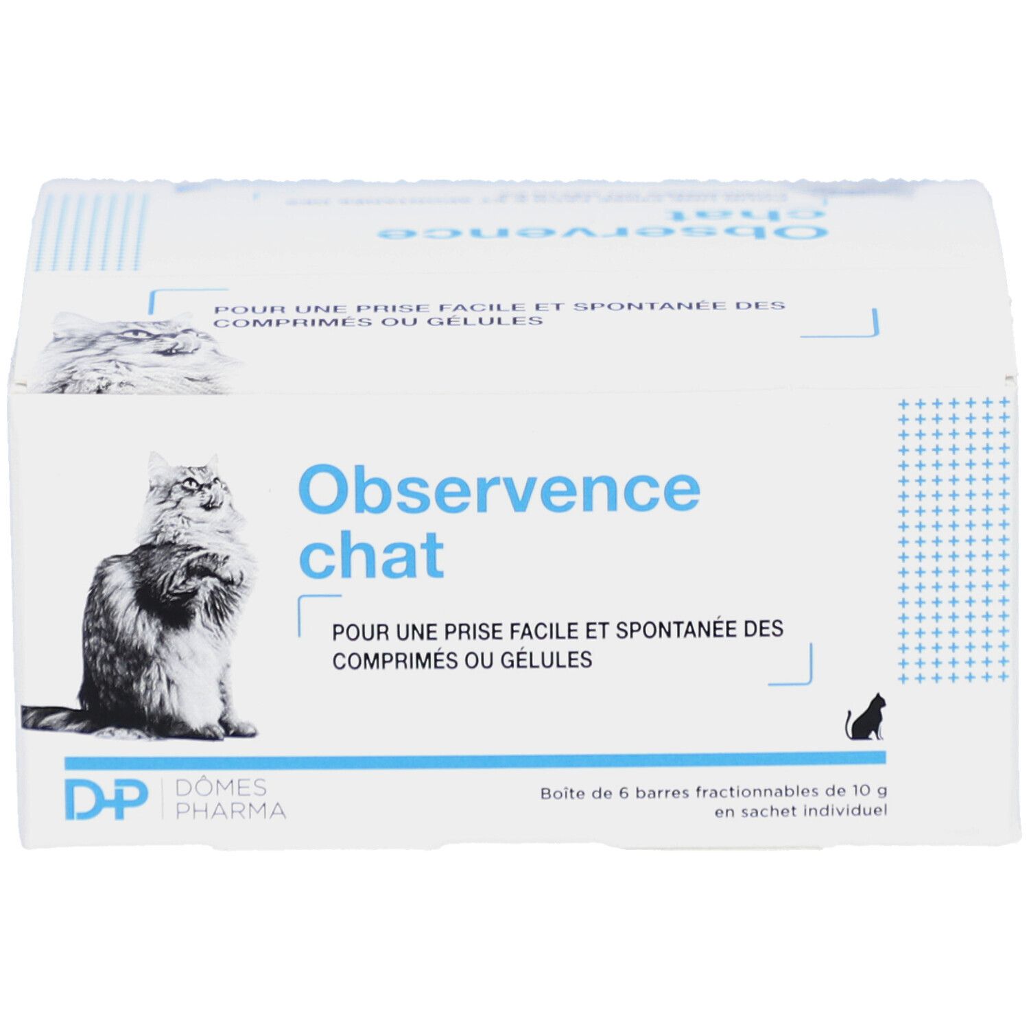 Boîte en carton blanche avec nom du produit et image de chat. Texte en français. Marque : Dômes Pharma.