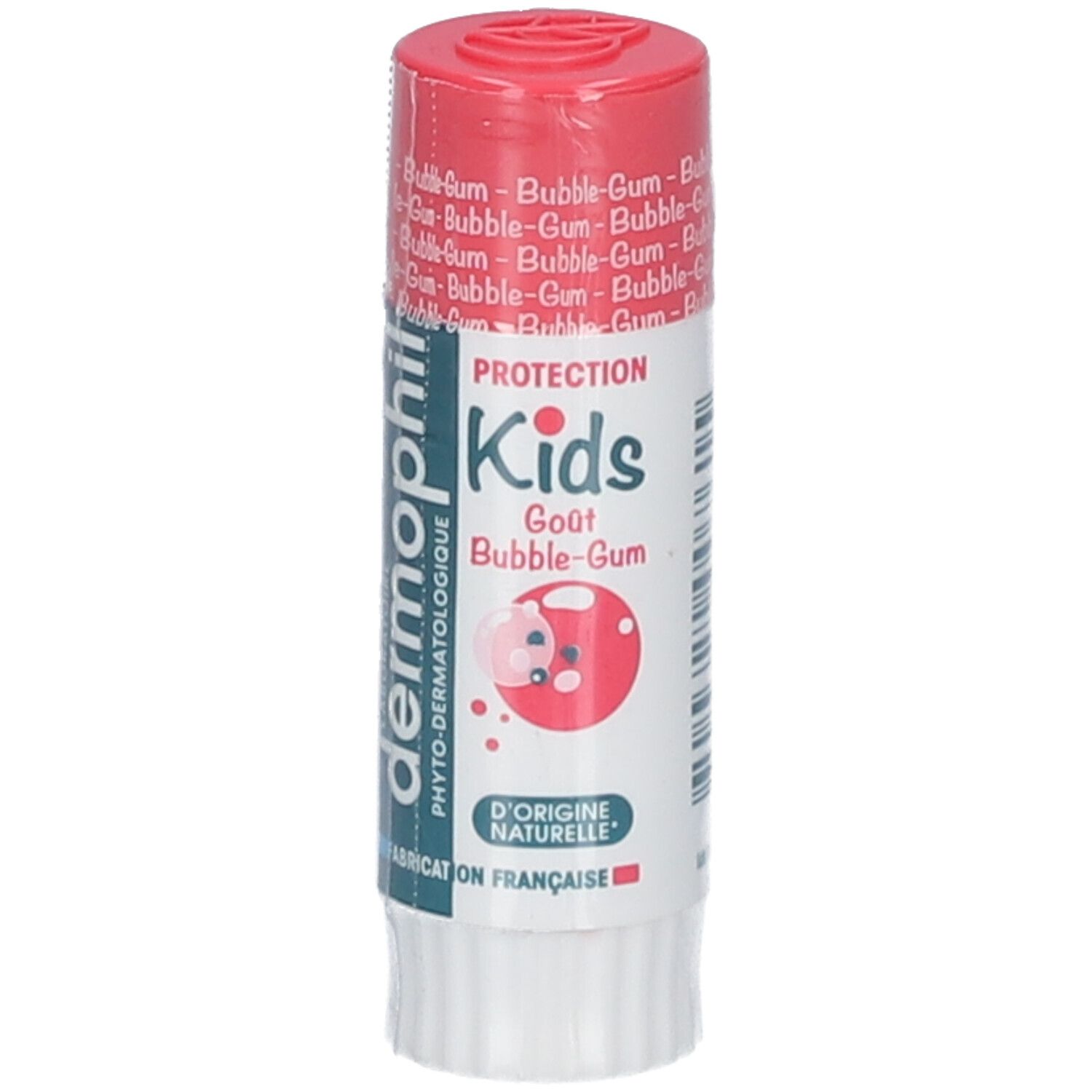 Lippenpflegestift mit Bubble-Gum-Geschmack. Roter Deckel. Marke: dermophil Kids.