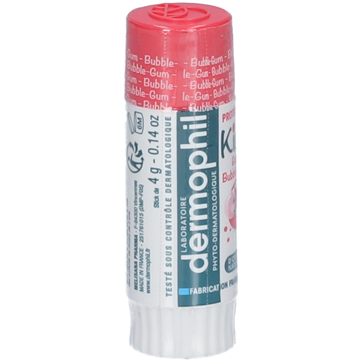 Lippenpflegestift mit Bubble-Gum-Geschmack. Roter Deckel. Marke: dermophil Kids.