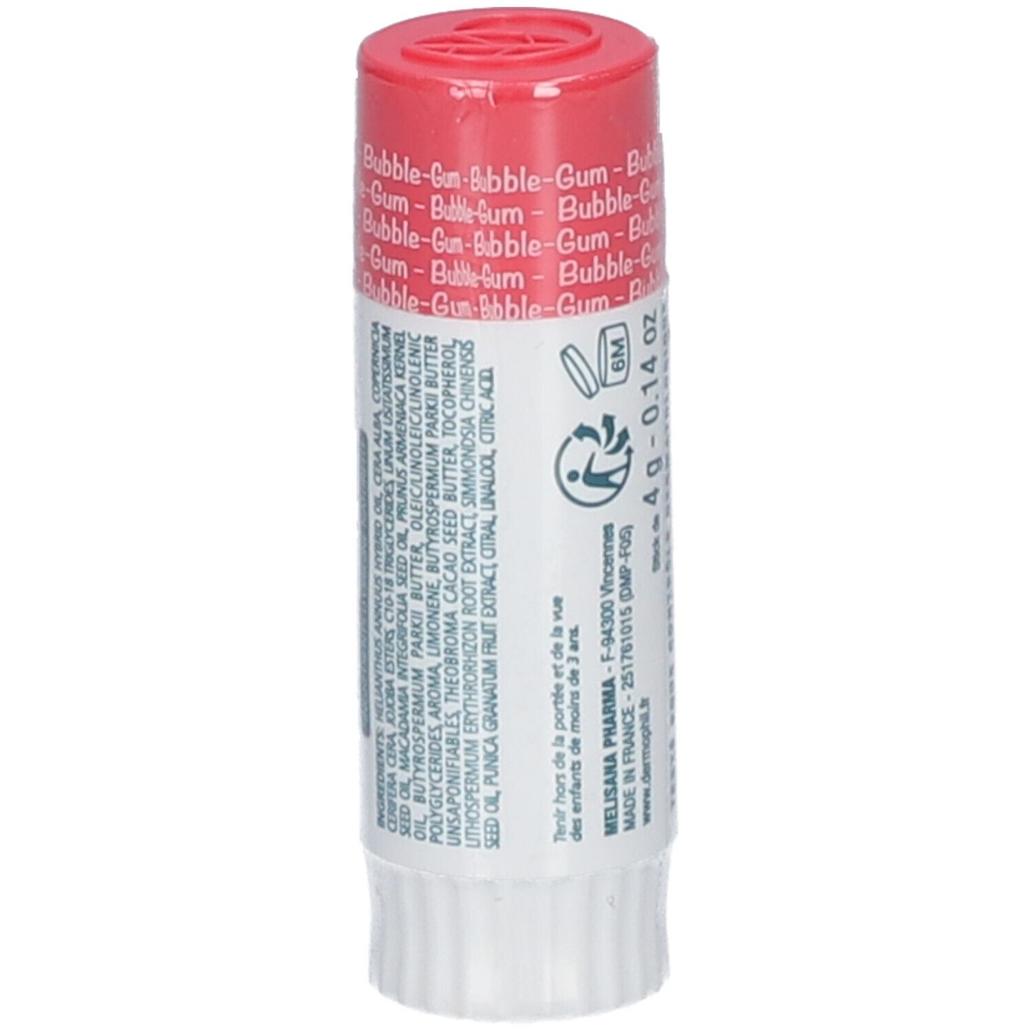 Lippenpflegestift mit Bubble-Gum-Geschmack. Roter Deckel. Marke: dermophil Kids.