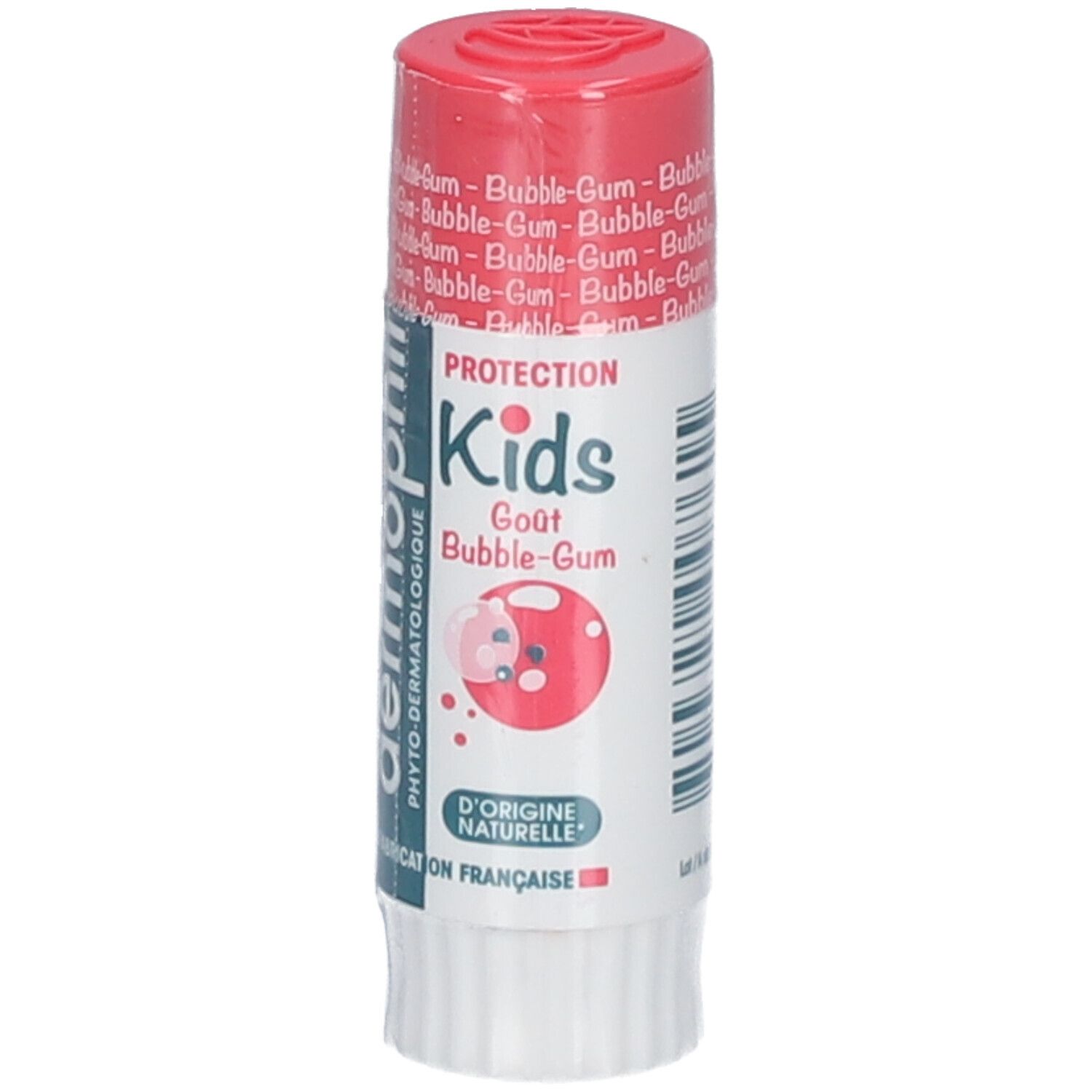 Lippenpflegestift mit Bubble-Gum-Geschmack. Roter Deckel. Marke: dermophil Kids.