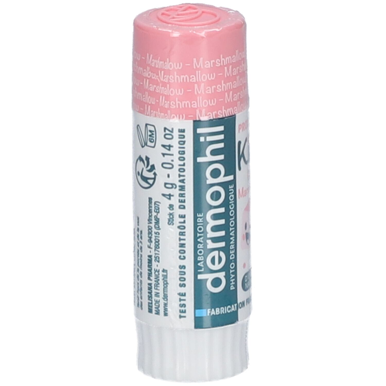 Lippenpflegestift in rosa Verpackung. Aufschrift: dermophil Kids, Geschmack Marshmallow. Verpackt in Folie.