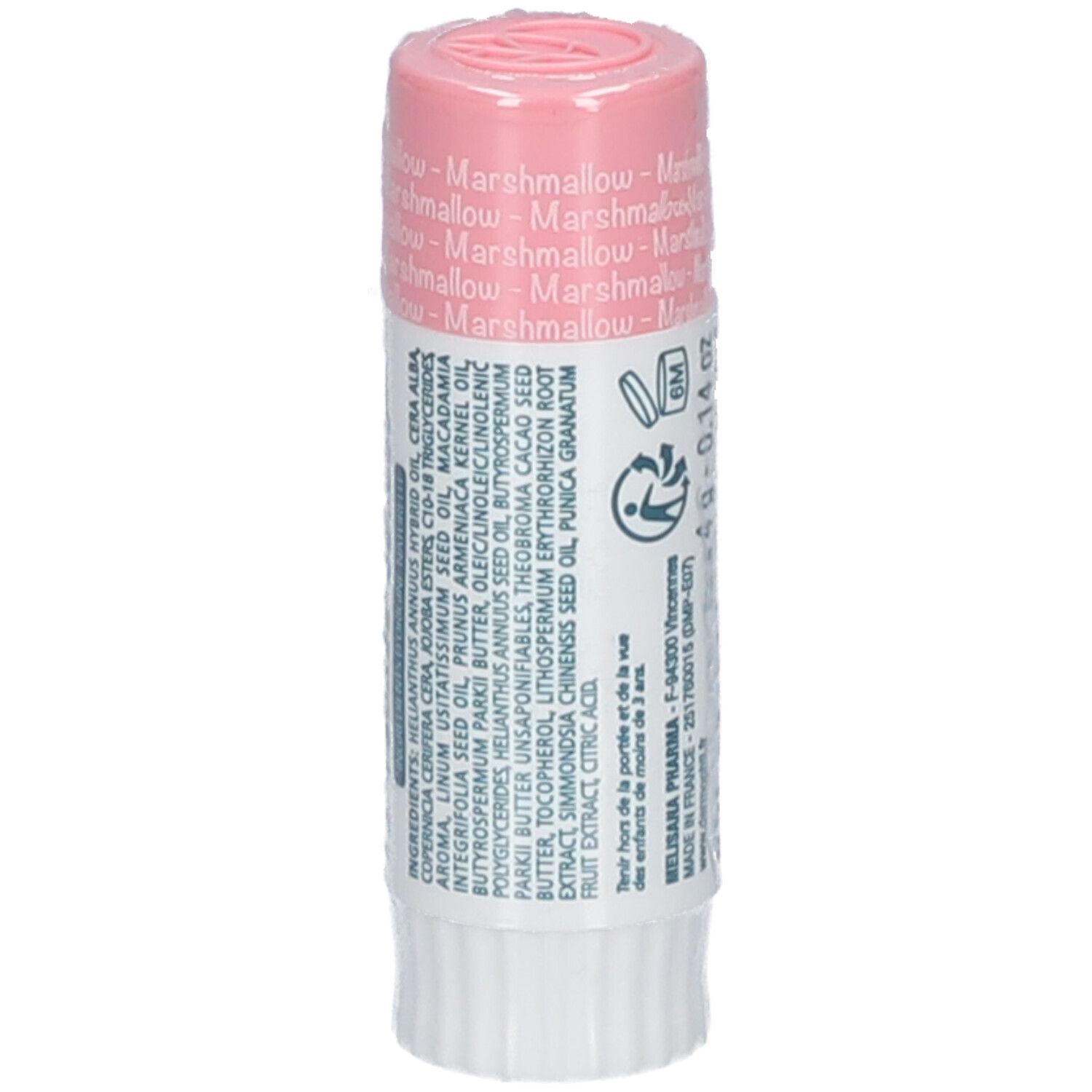 Lippenpflegestift in rosa Verpackung. Aufschrift: dermophil Kids, Geschmack Marshmallow. Verpackt in Folie.