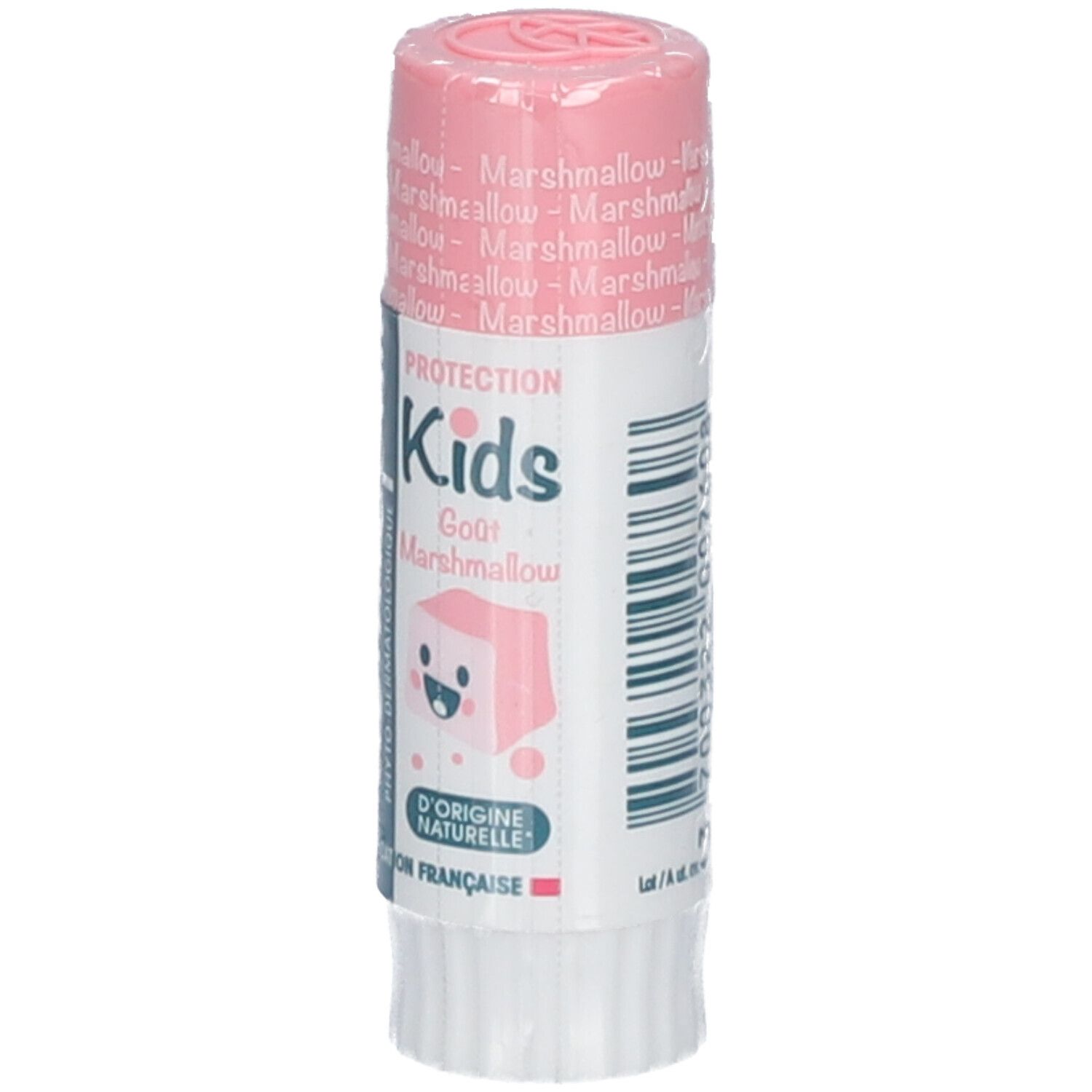 Lippenpflegestift in rosa Verpackung. Aufschrift: dermophil Kids, Geschmack Marshmallow. Verpackt in Folie.