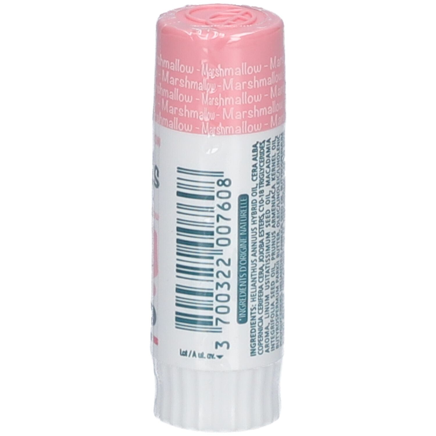 Lippenpflegestift in rosa Verpackung. Aufschrift: dermophil Kids, Geschmack Marshmallow. Verpackt in Folie.