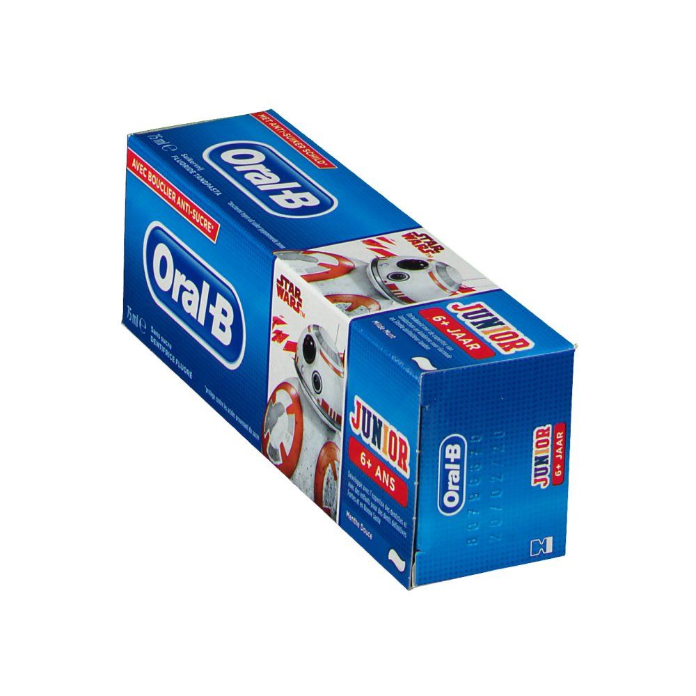 Boîte bleue Oral-B Junior 6+ avec BB-8 de Star Wars. Contient du dentifrice.