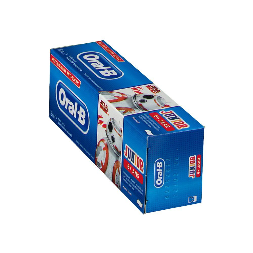 Boîte bleue Oral-B Junior 6+ avec BB-8 de Star Wars. Contient du dentifrice.